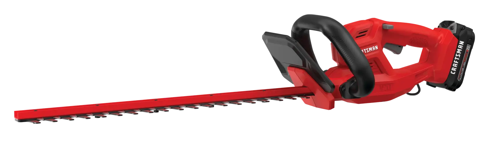 Photo of Craftsman cordless hedge trimmer CMCHT810C1, red and black, side angle on white background.