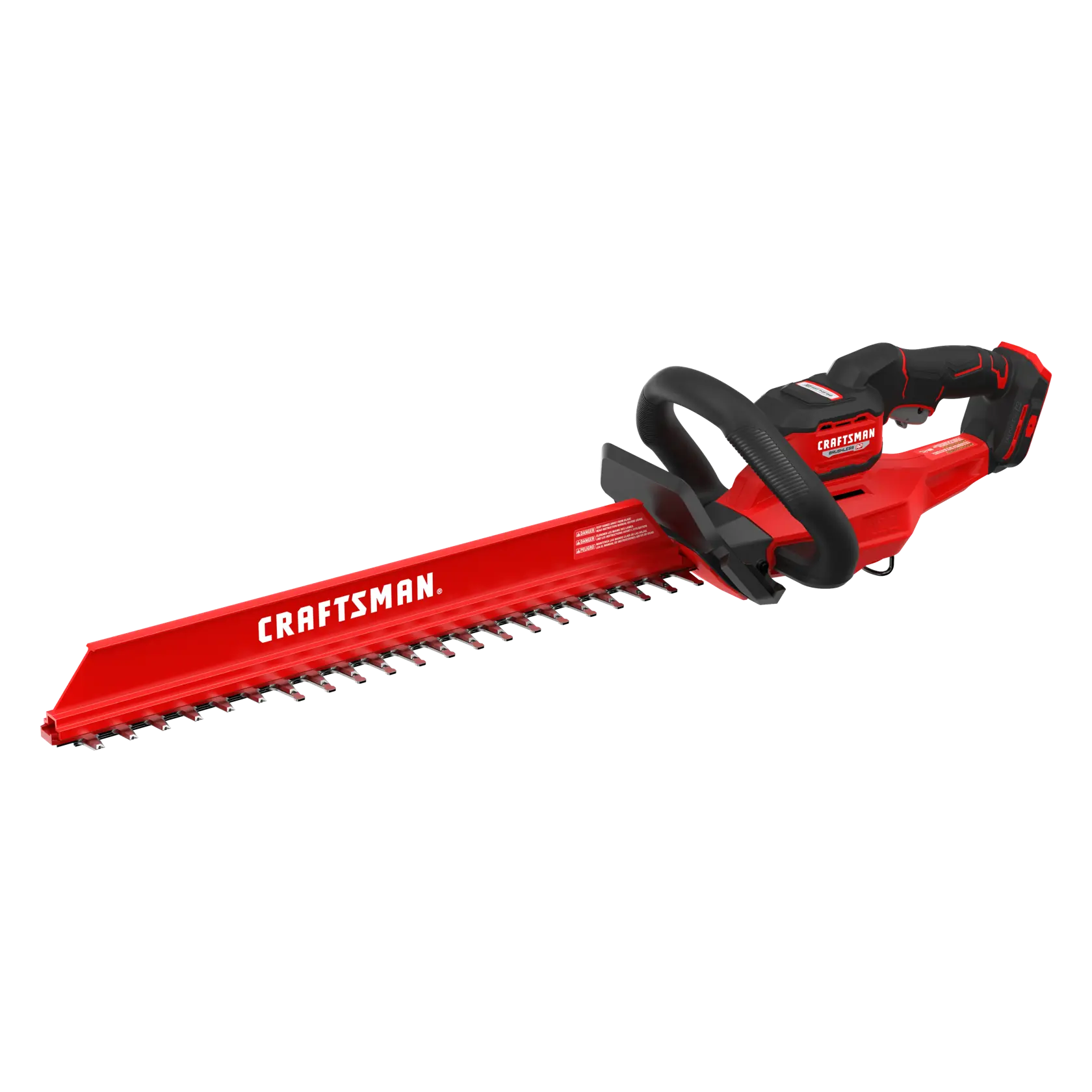 A red and black cordless hedge trimmer with a protective blade cover, branded Craftsman.