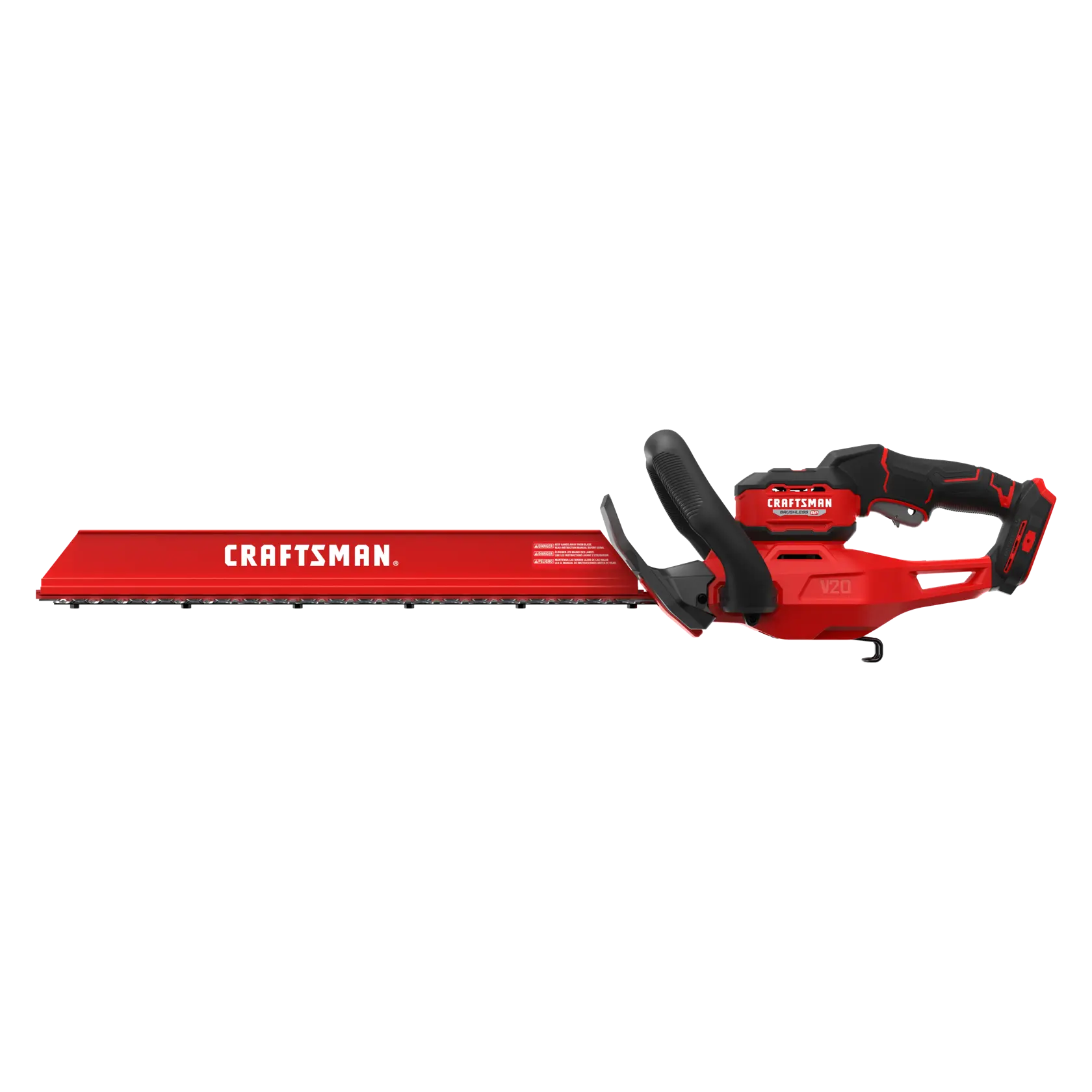 Red and black Craftsman hedge trimmer with protective blade cover, featuring ergonomic handle and V20 branding.