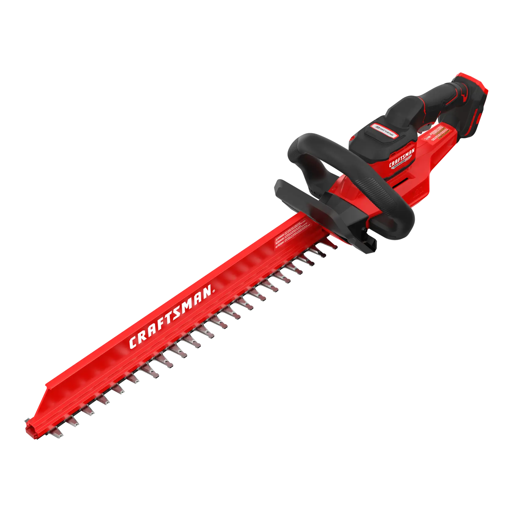 A red and black cordless electric hedge trimmer with the brand name CRAFTSMAN printed on the blade guard.