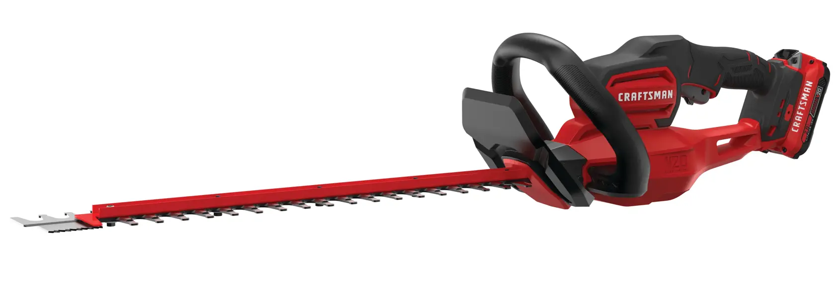 Photo of Craftsman cordless hedge trimmer CMCHTS820D1, red and black, side angle on white background.