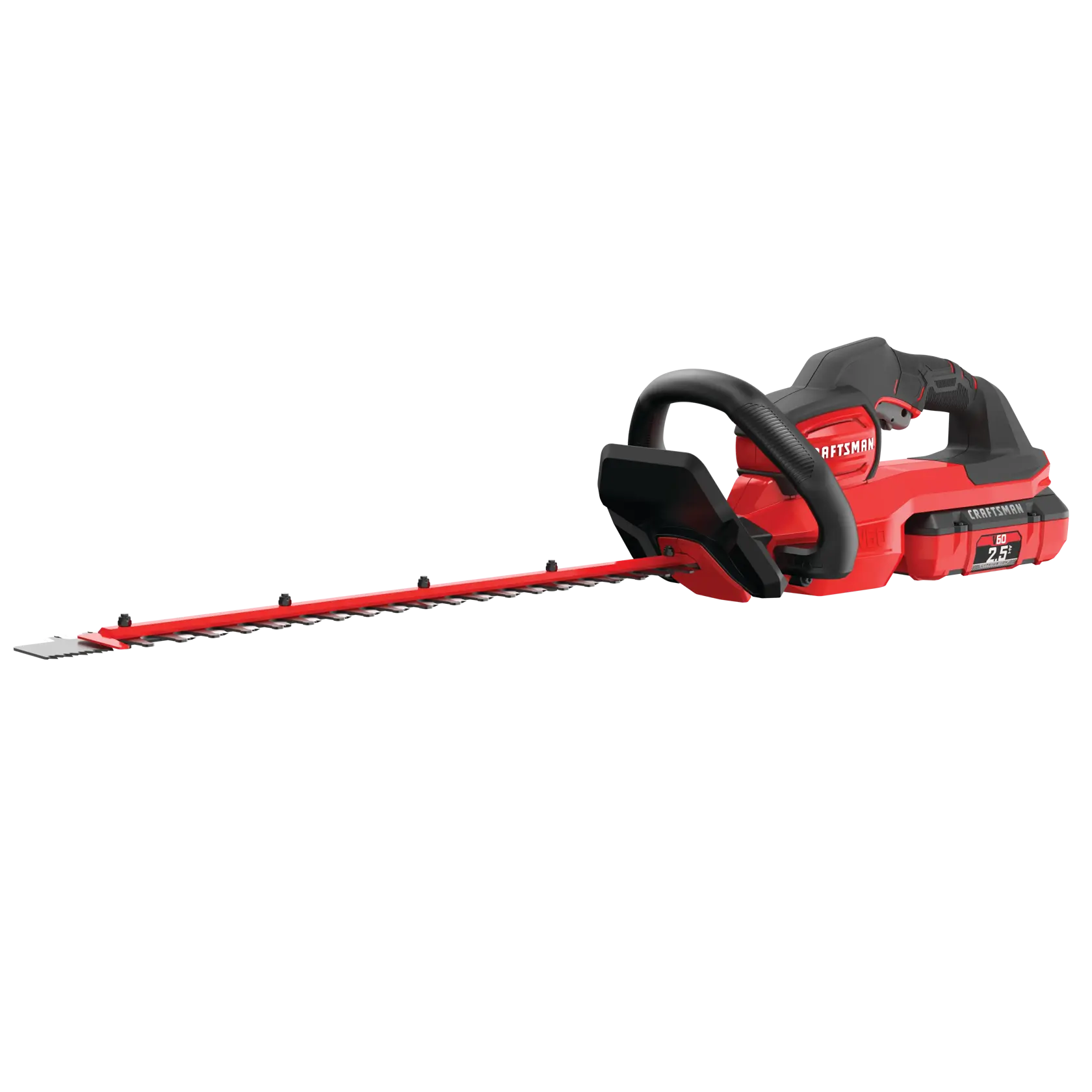 Photo of CRAFTSMAN CMCHTS860E1 cordless hedge trimmer, red and black, side angle, showing blade and ergonomic handle.