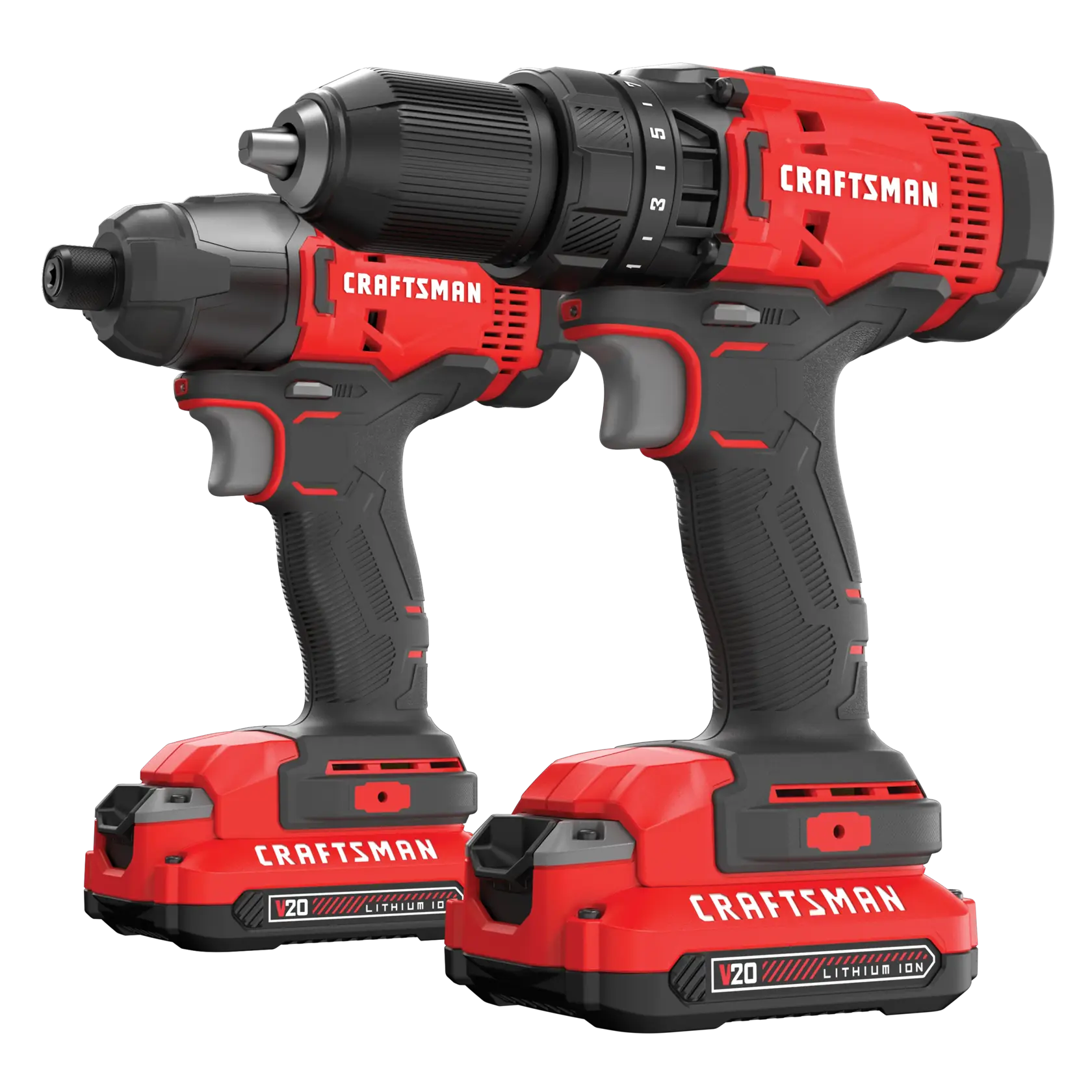Two Craftsman cordless power tools, including a drill and an impact driver, both with red and black design and V20 lithium ion batteries.