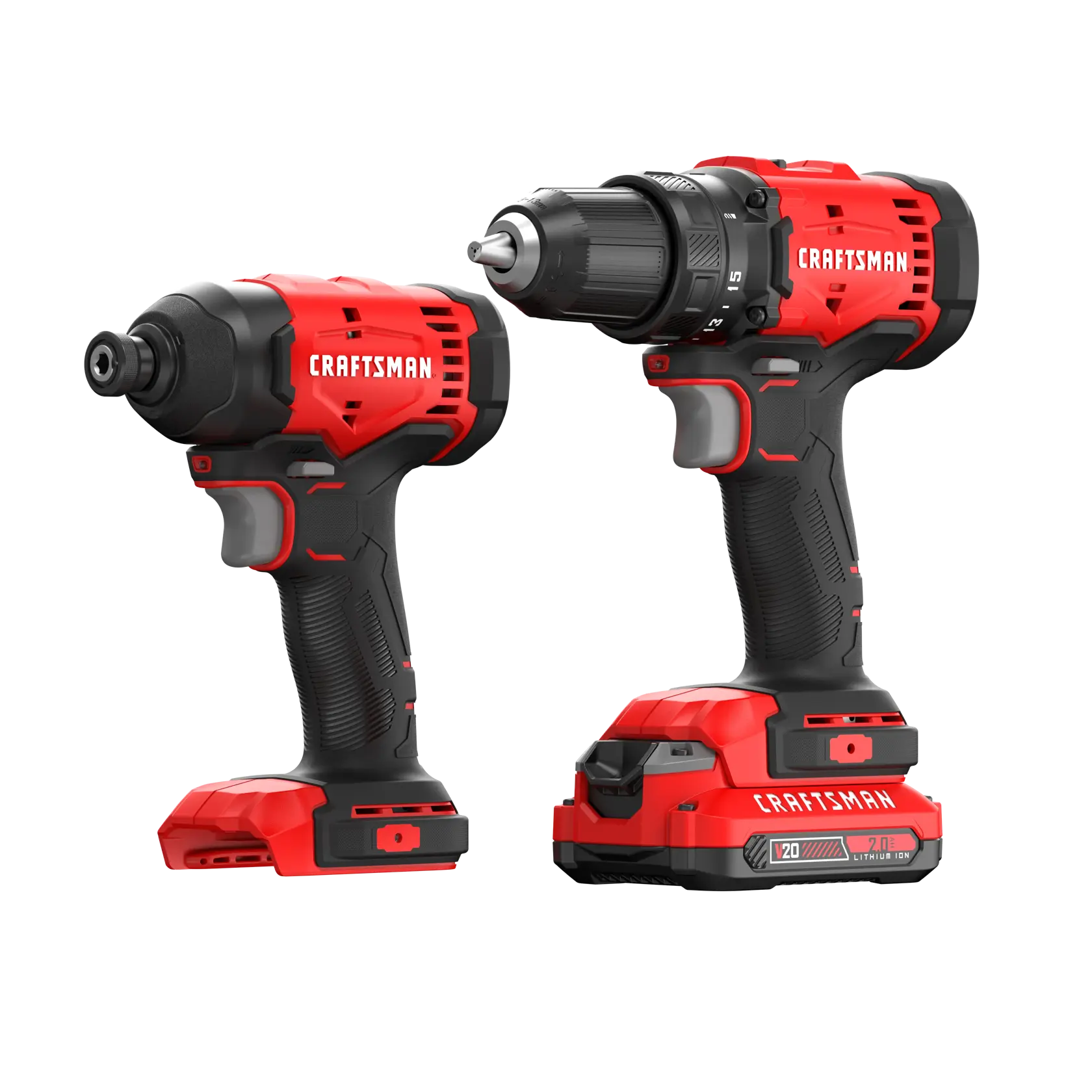 Photo of Craftsman CMCK201D1 cordless drill and impact driver set in red and black, front angle, white background.