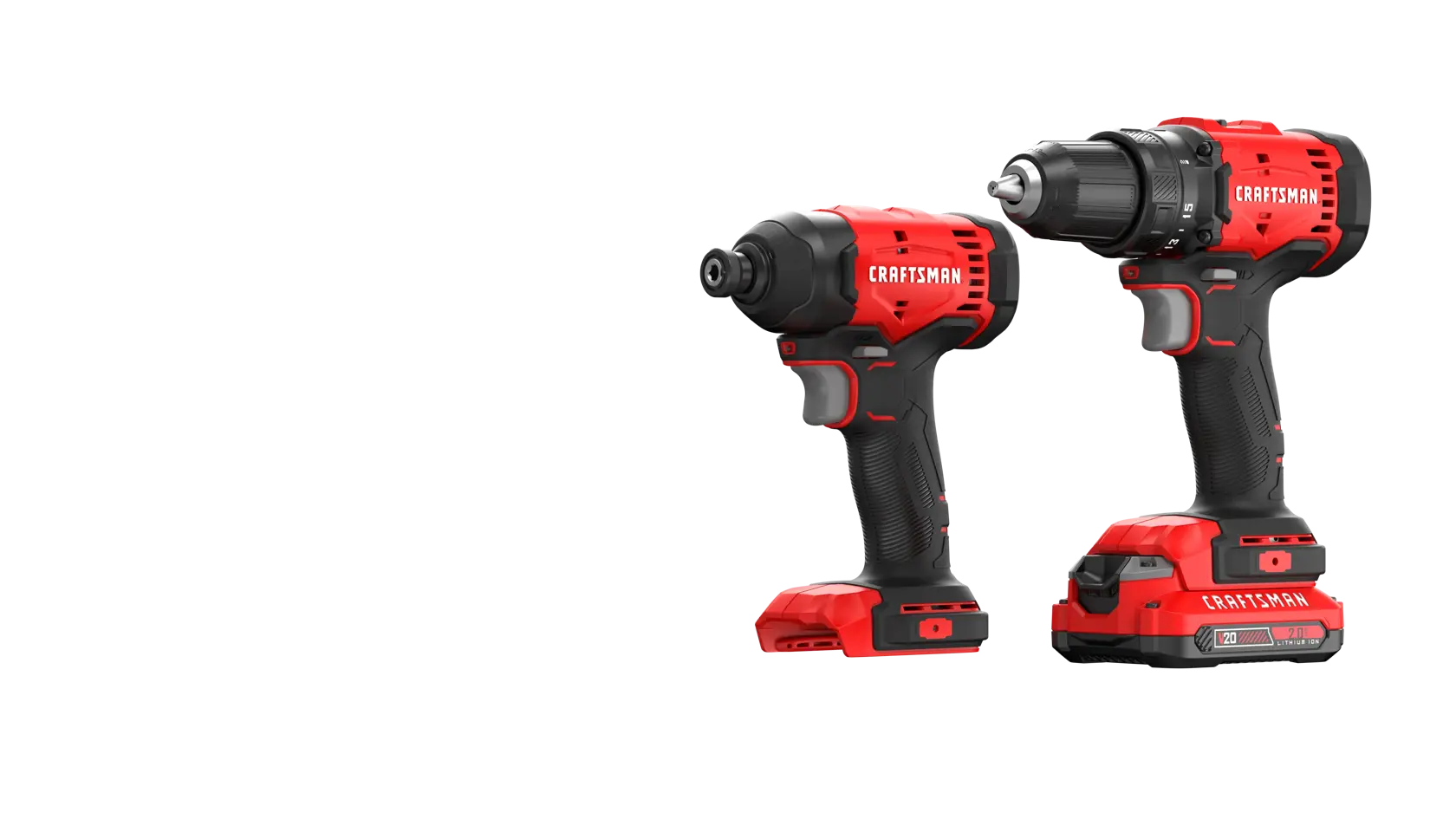 Front angle photo of Craftsman CMCK201D1 cordless drill and impact driver set in red and black.