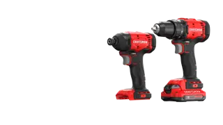 Front angle photo of Craftsman CMCK201D1 cordless drill and impact driver set in red and black.