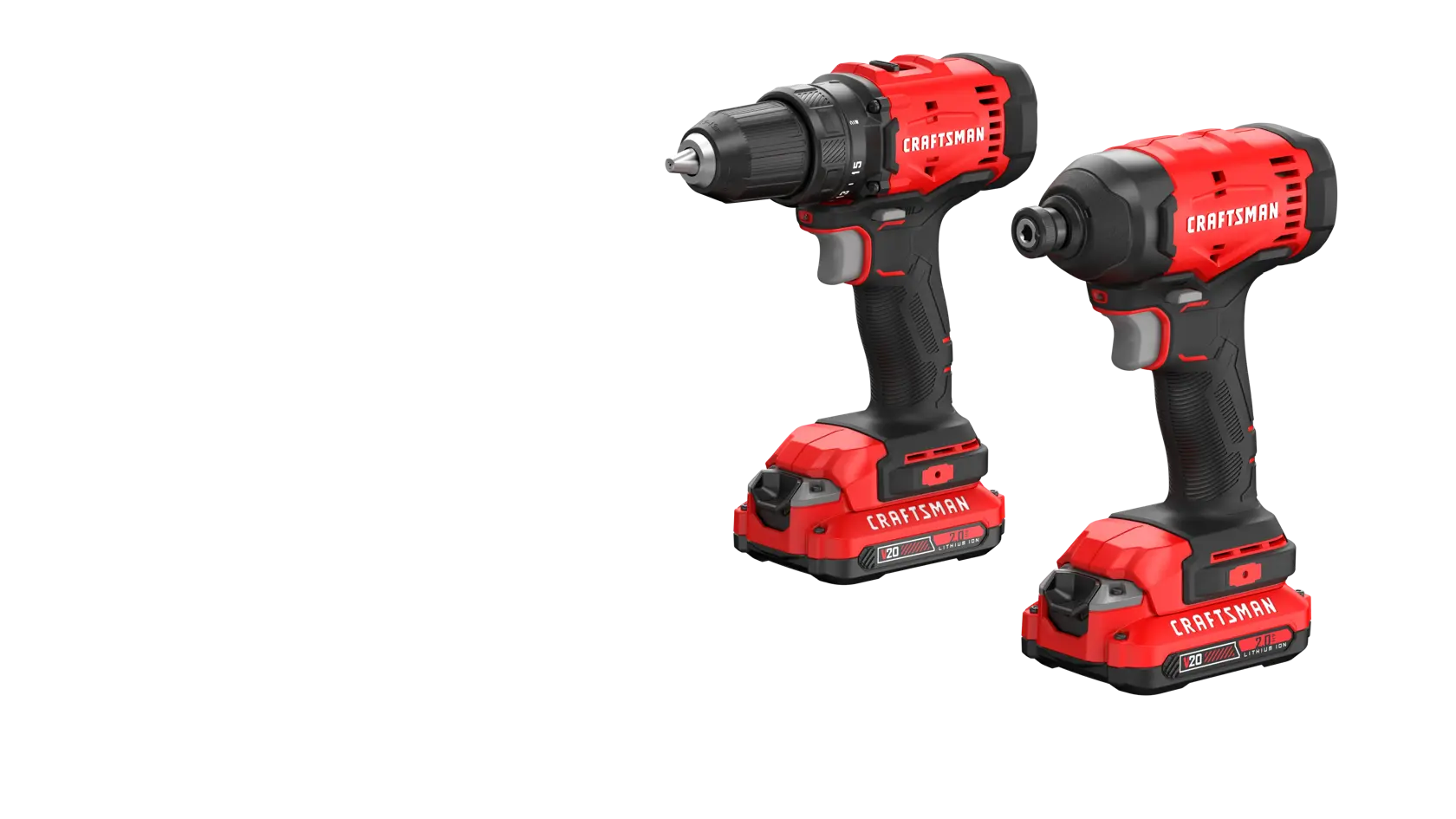 CRAFTSMAN® V20* Brushed Drill and Impact Driver Kit with (2) 2.0Ah Batteries Left Front Angle Overhead
