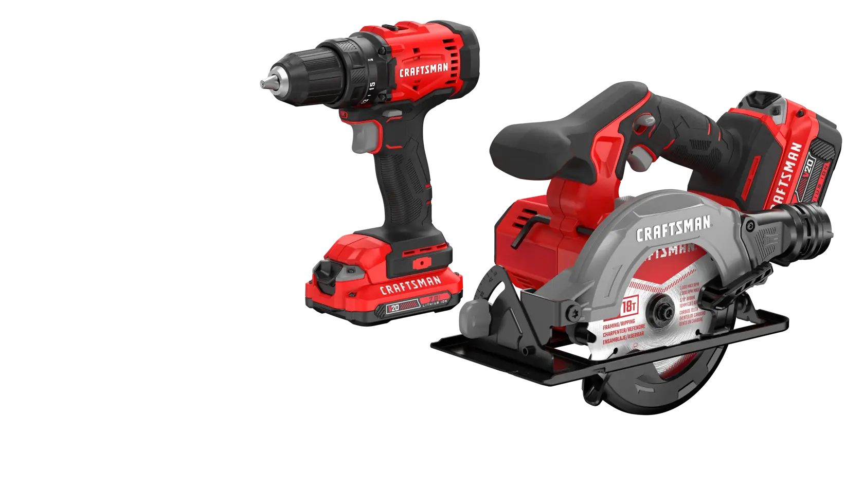 A red and black Craftsman cordless drill and cordless circular saw are placed side by side. Both battery-powered tools are designed for home improvement or construction projects.