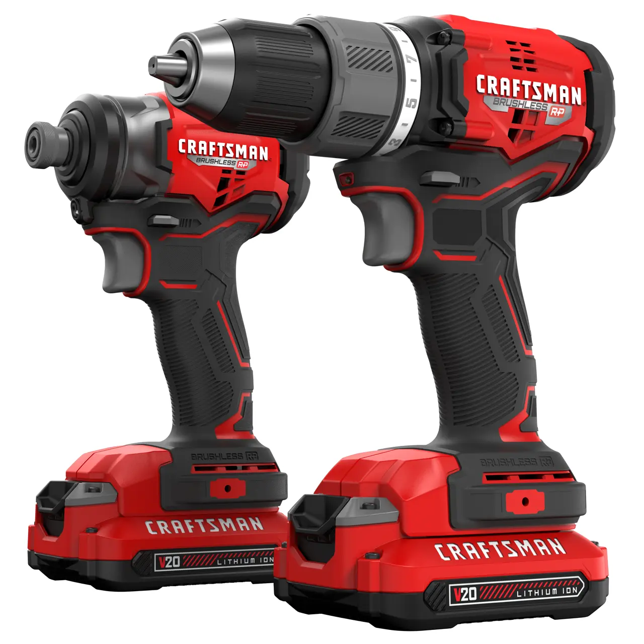 Photo of Craftsman brushless power tool set, model CMCK211C2, front angle, red and black cordless drill and impact driver.