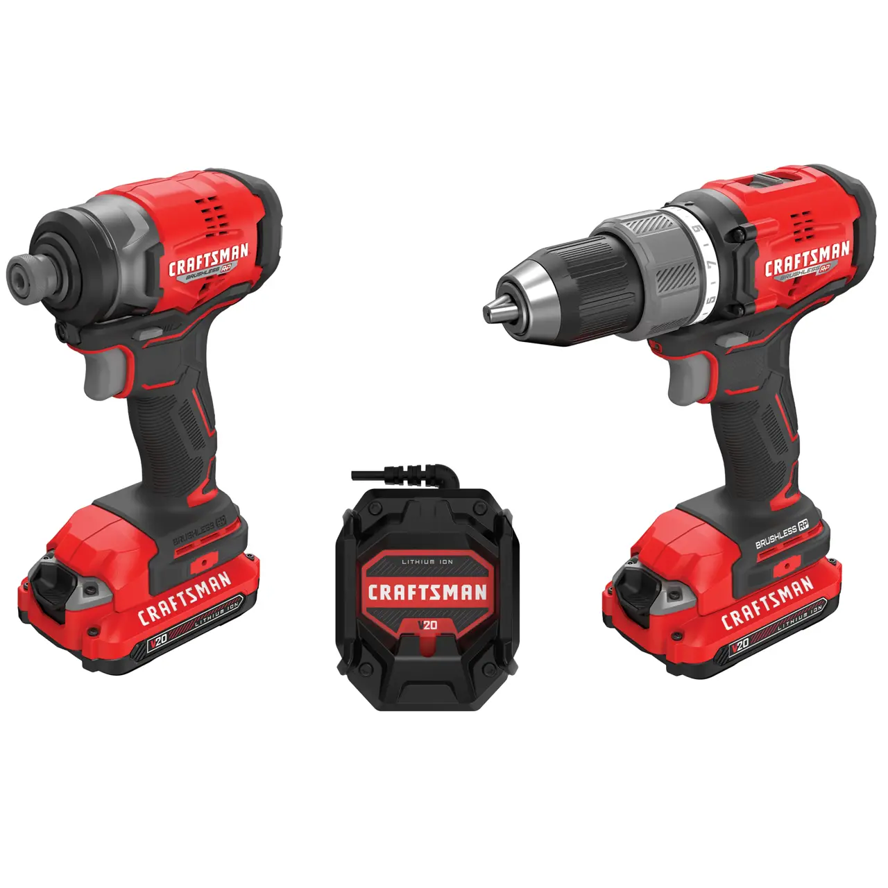 V20  Brushless RP drill driver/ impact driver combo kit on white background