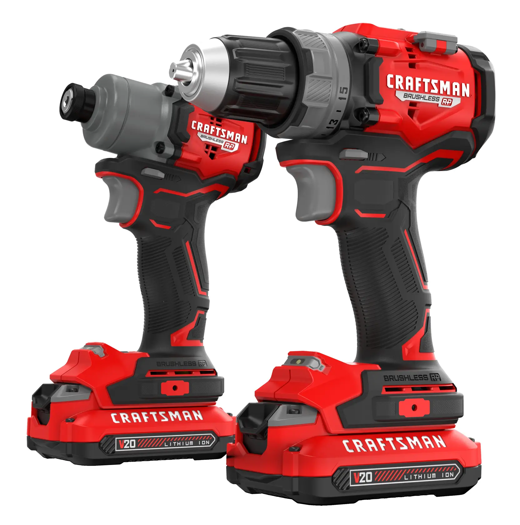 Two red and black Craftsman cordless power tools, including a drill and an impact driver, both with V20 lithium-ion batteries attached.