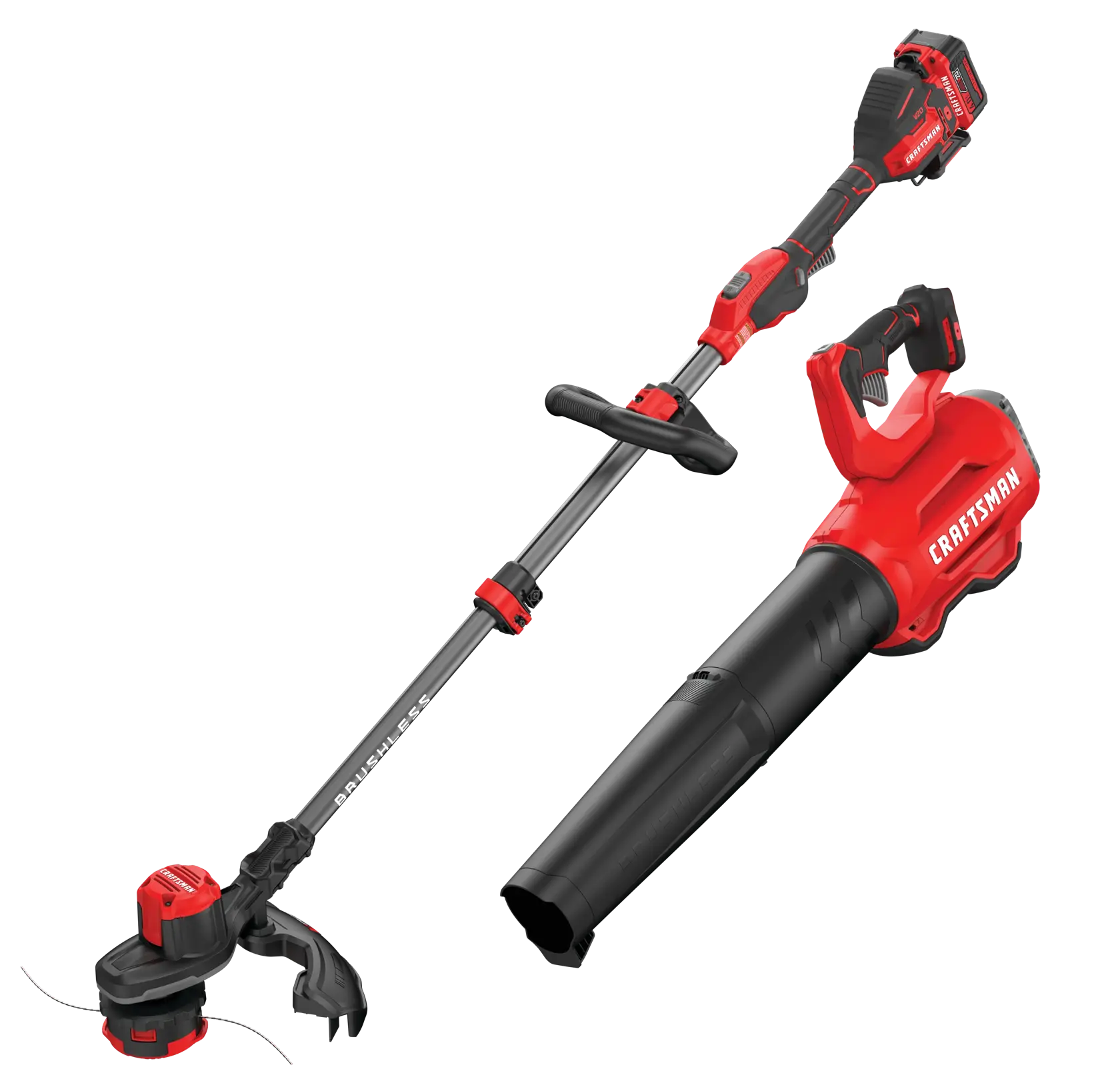 Photo of Craftsman CMCK397M1 cordless string trimmer and blower kit, angled view on white background.