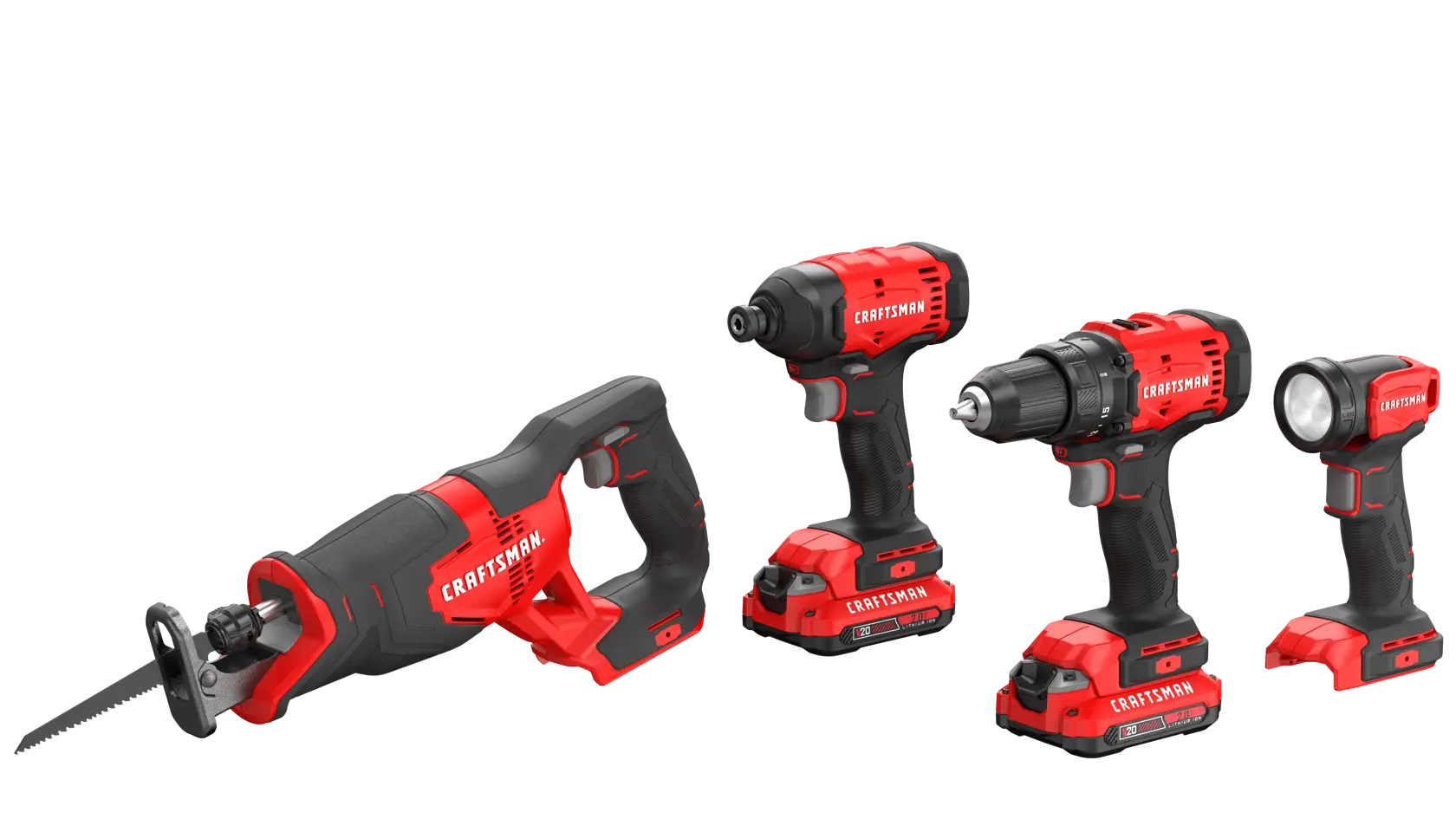A set of four cordless Craftsman power tools, including a reciprocating saw, an impact driver, a drill, and a flashlight, all with red and black handles and rechargeable batteries attached.
