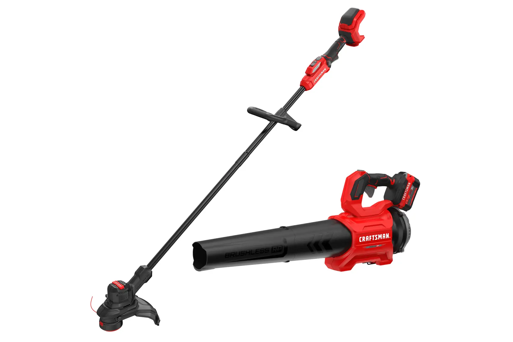 Photo of Craftsman CMCK497P1 red and black cordless string trimmer and leaf blower set, front angle.