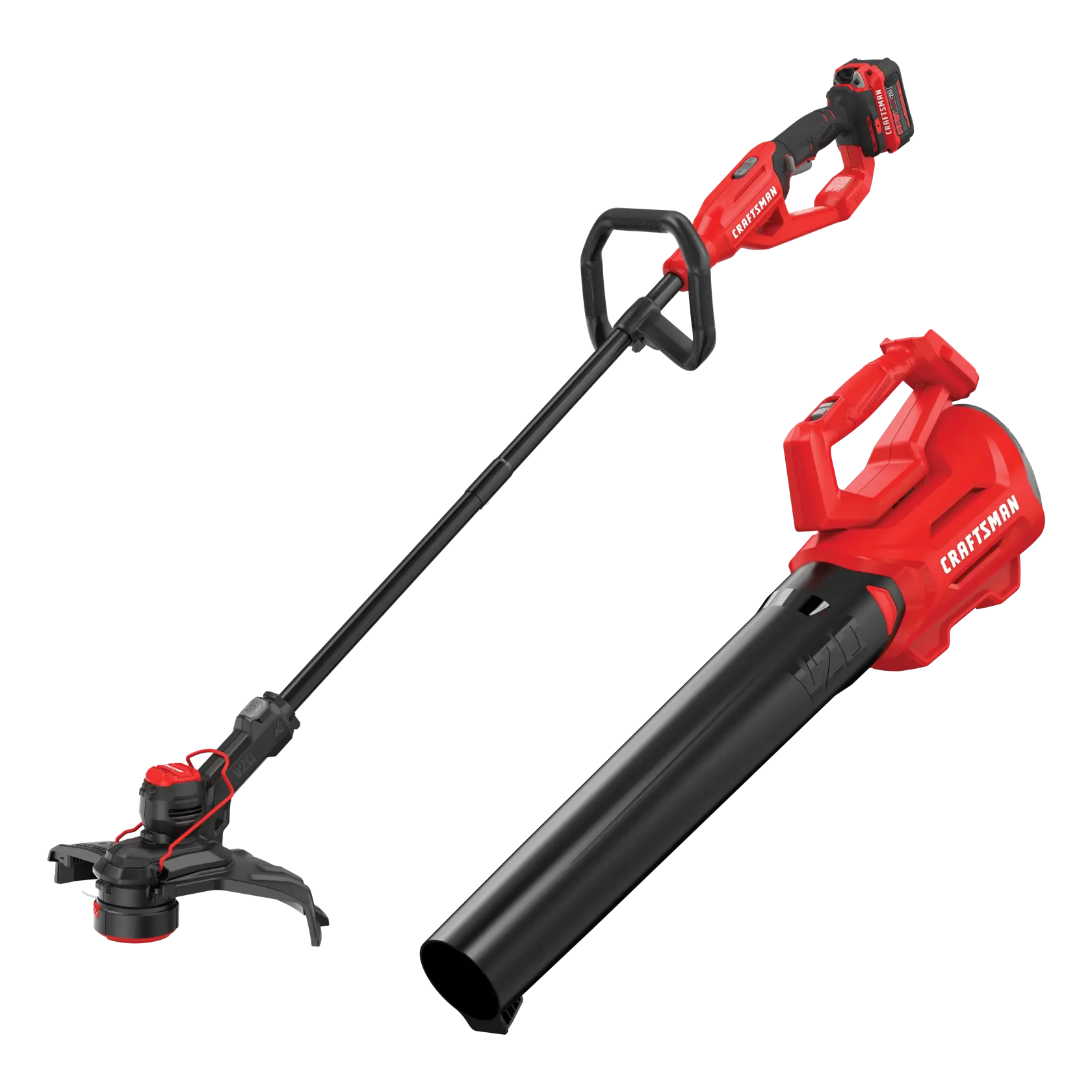 Craftsman CMCK500P1 cordless string trimmer and blower set, red and black, front angle, on white background.