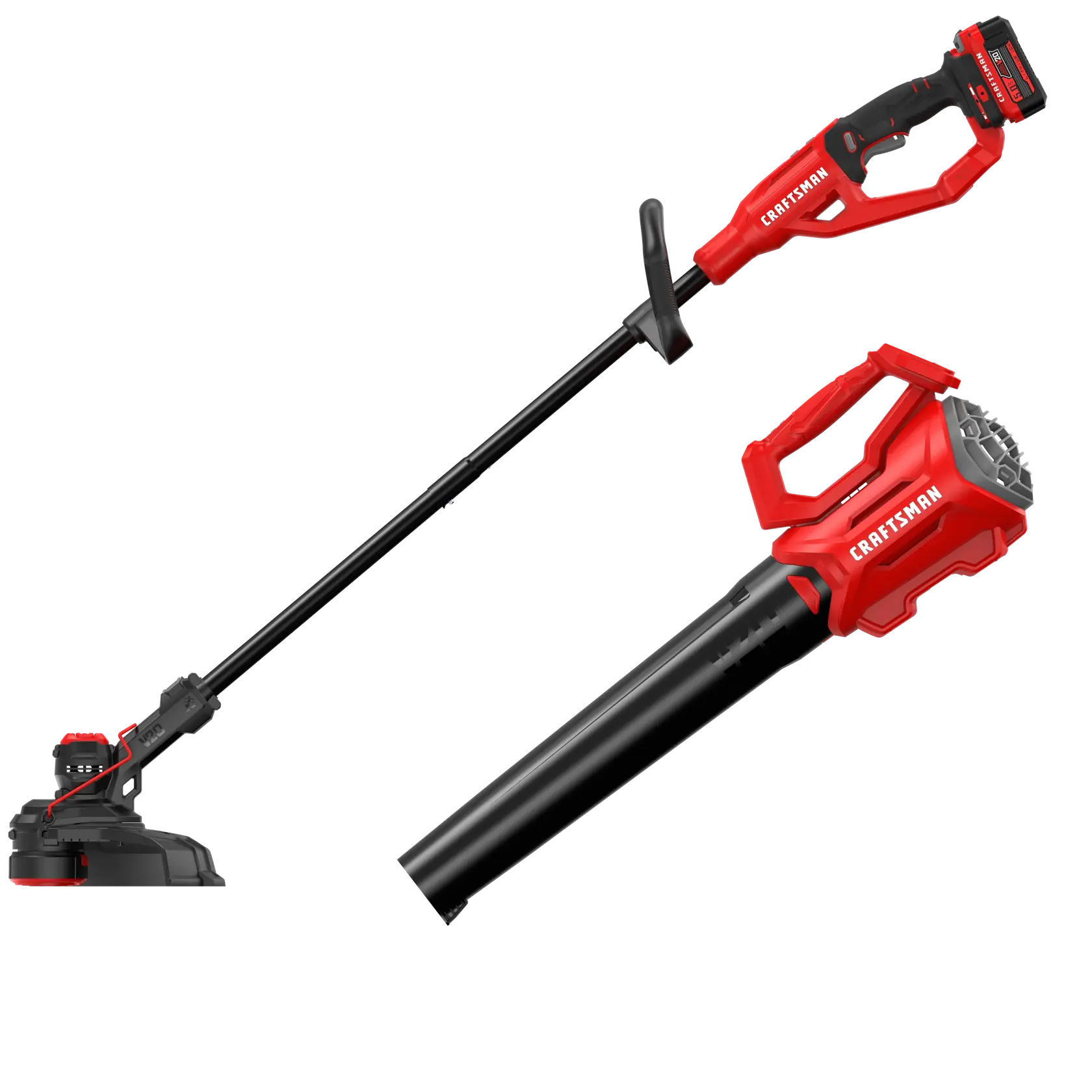 Photo of Craftsman CMCK500P1 cordless string trimmer and blower kit, red and black, shown on white background.