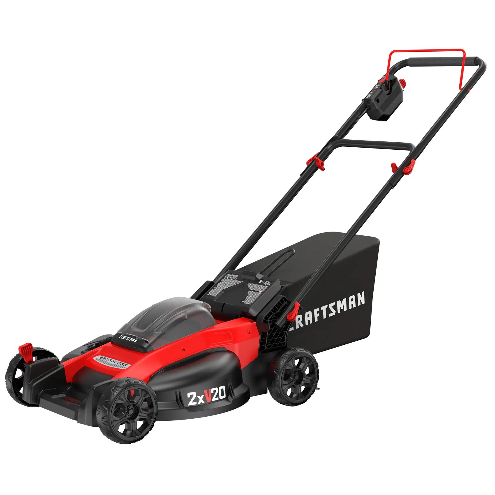 Photo of a Craftsman CMCMW220P2 cordless electric lawn mower, red and black, side angle on white background.