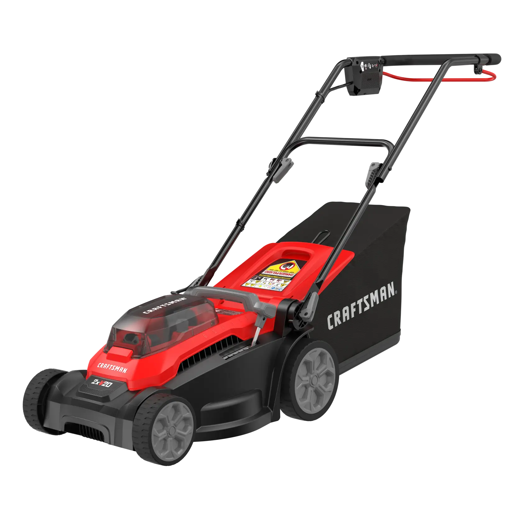 A red and black Craftsman cordless electric lawn mower with a grass collection bag attached at the back. The mower features large wheels and a handlebar with a red safety cord.