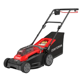 Photo of Craftsman CMCMWP120M2 cordless electric lawn mower, red and black, side angle on white background.