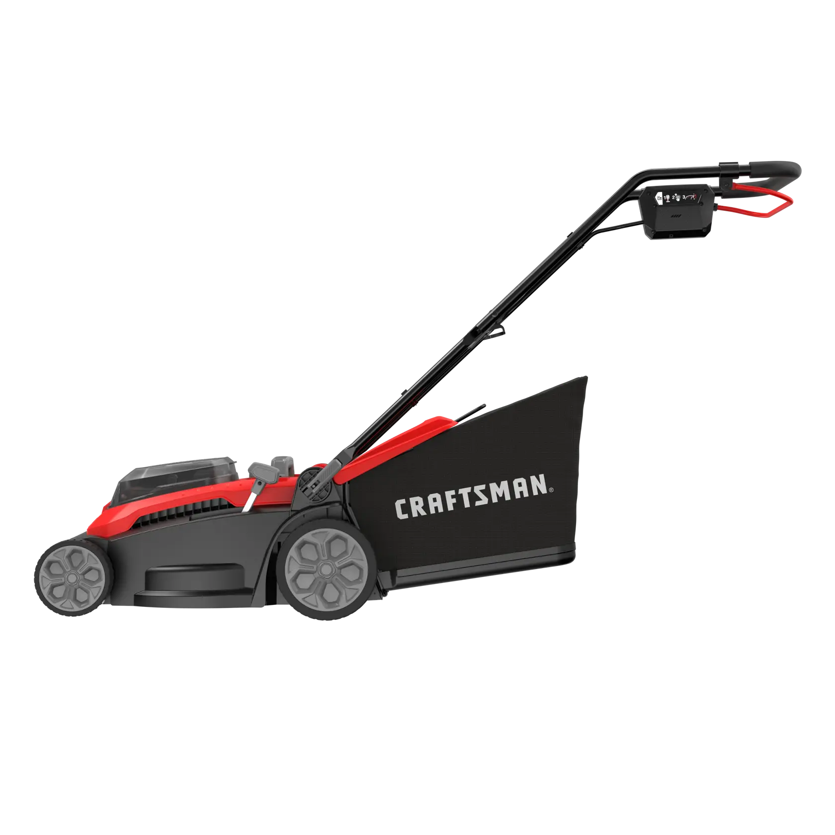 A side view of a Craftsman electric lawn mower with a red and black design, featuring a collection bag attached to the back.