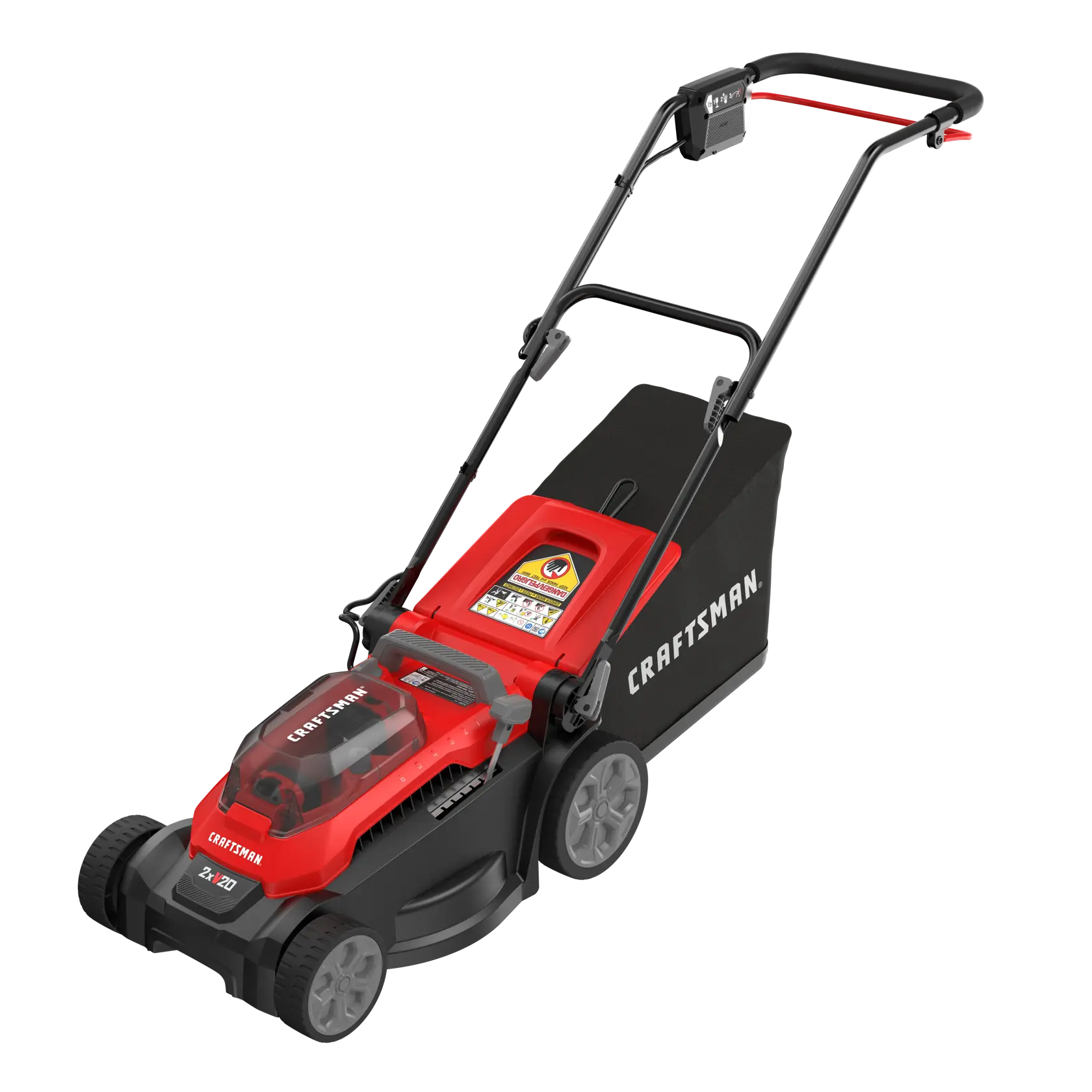 A red and black Craftsman push lawn mower with a grass collection bag attached at the back. The mower has a visible battery compartment, four wheels, and a handle for pushing.