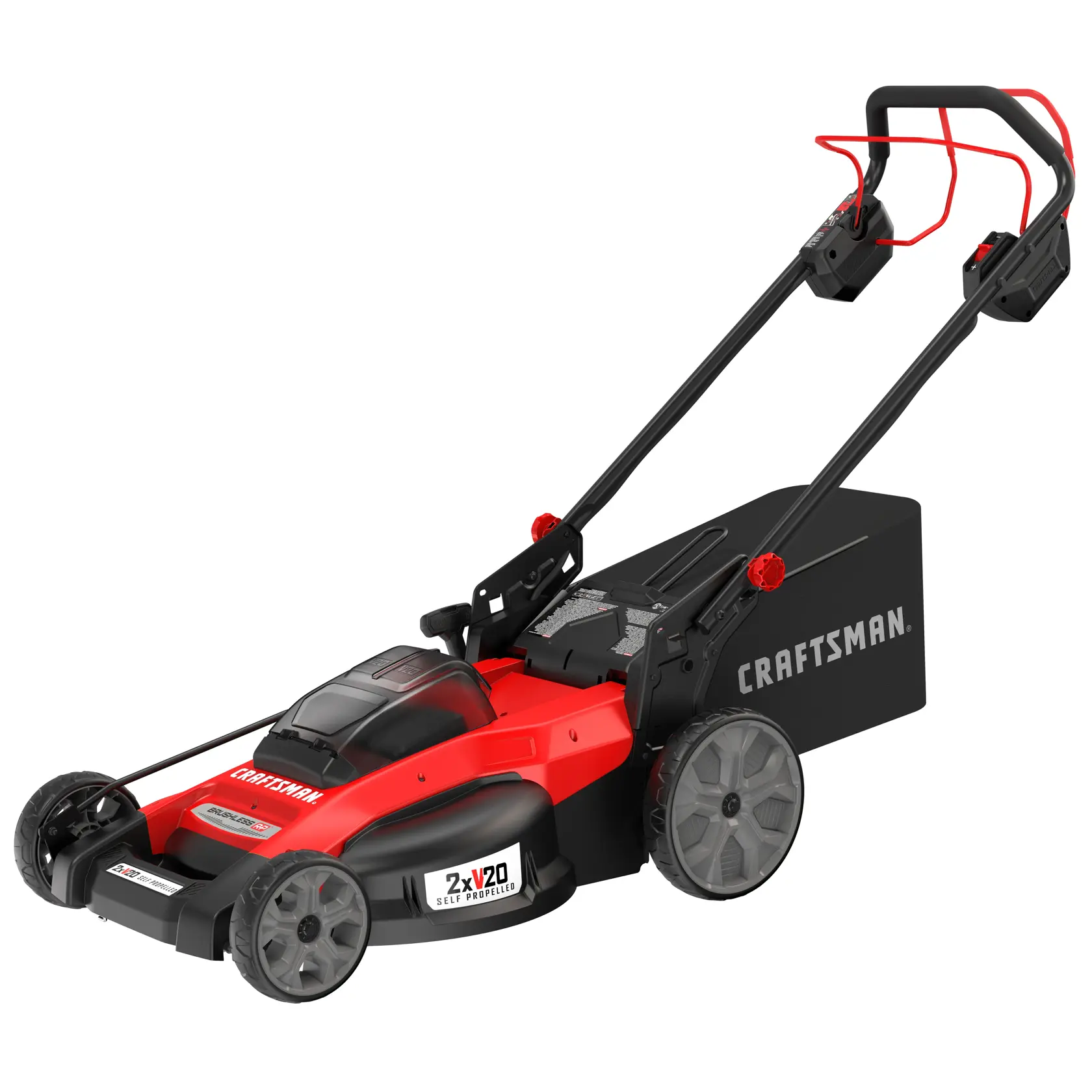 Photo of Craftsman CMCMWSP220P2 self-propelled cordless lawn mower, red and black, angled side view.
