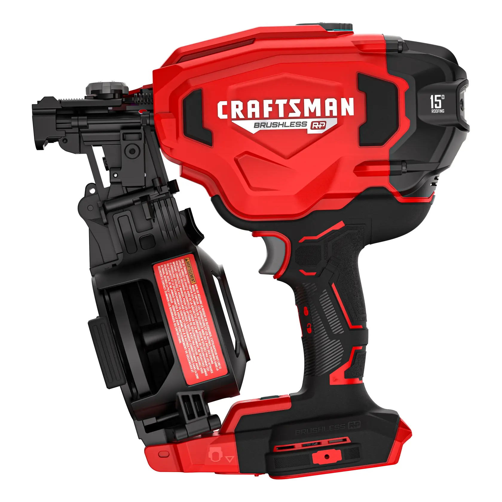 A close-up image of a Craftsman-branded brushless roofing nail gun. The tool features a red and black design, a contoured grip handle, and a visible magazine for holding roofing nails. Various product labels and specifications are displayed on the tool.