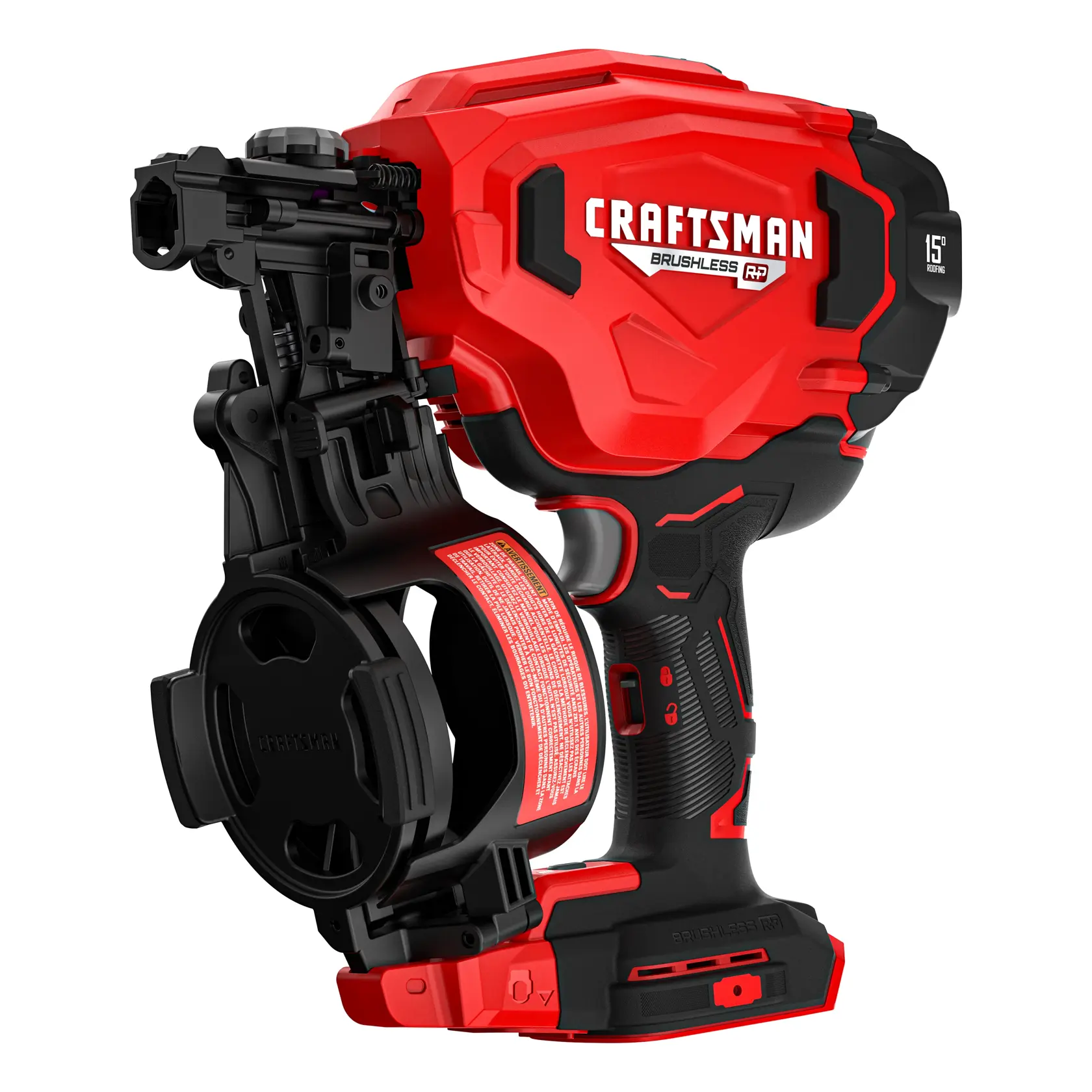 Close-up image of a red and black Craftsman cordless brushless framing nailer, featuring a compact design and ergonomic handle.