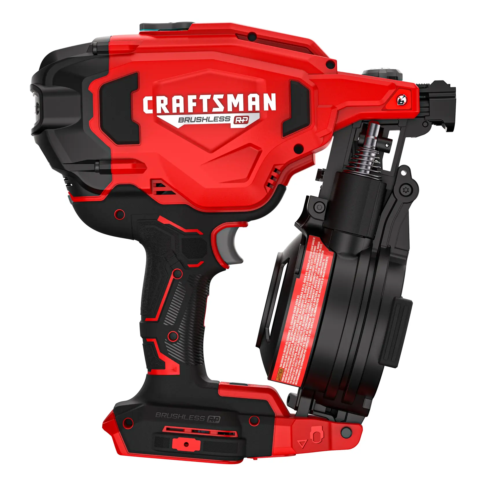 A red and black Craftsman brushless power tool, specifically a nail gun, is shown against a white background. The tool features a pistol grip and a magazine for nails, with prominent branding on the side.