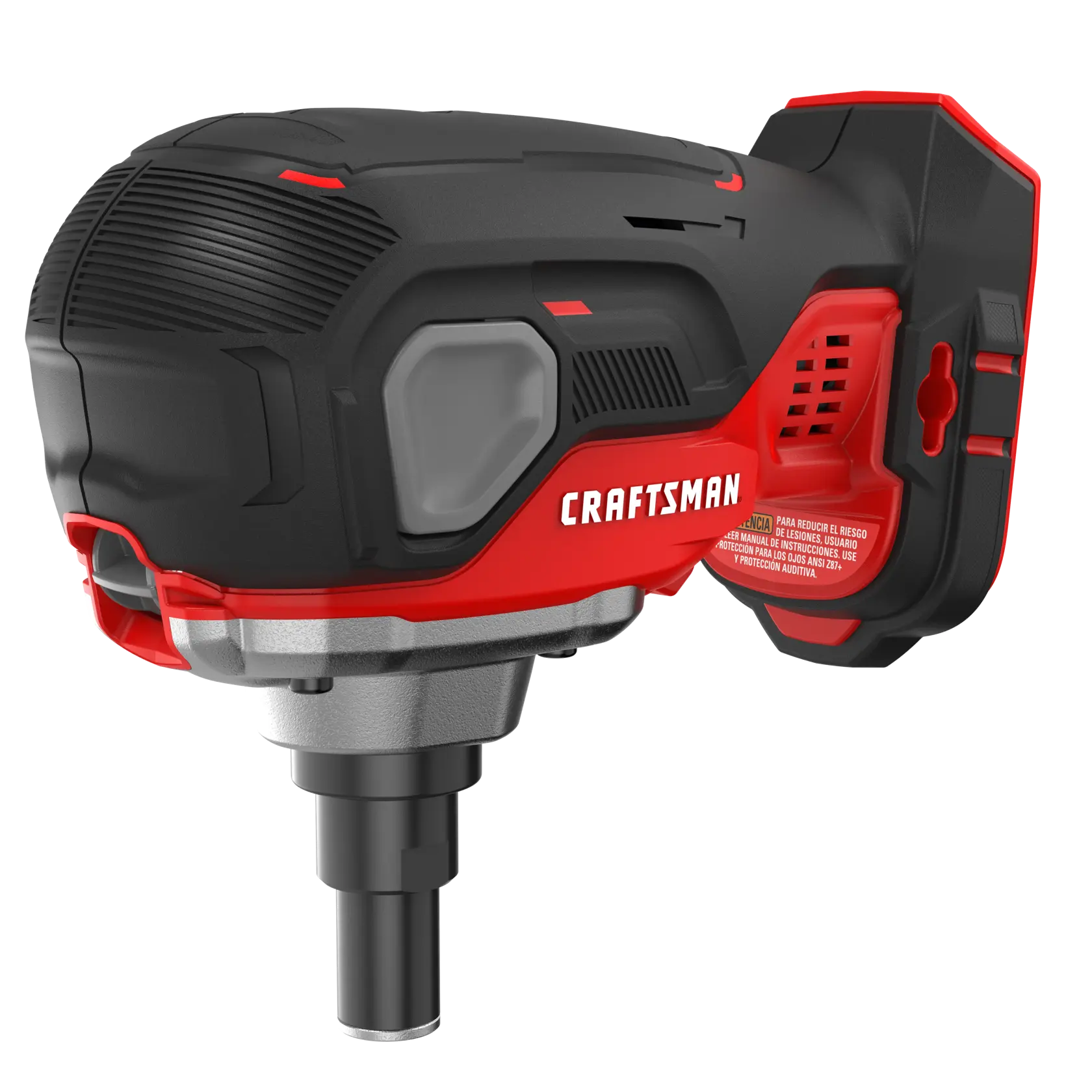A close-up view of a Craftsman cordless power tool, specifically an impact wrench, featuring a red and black design with metallic accents.