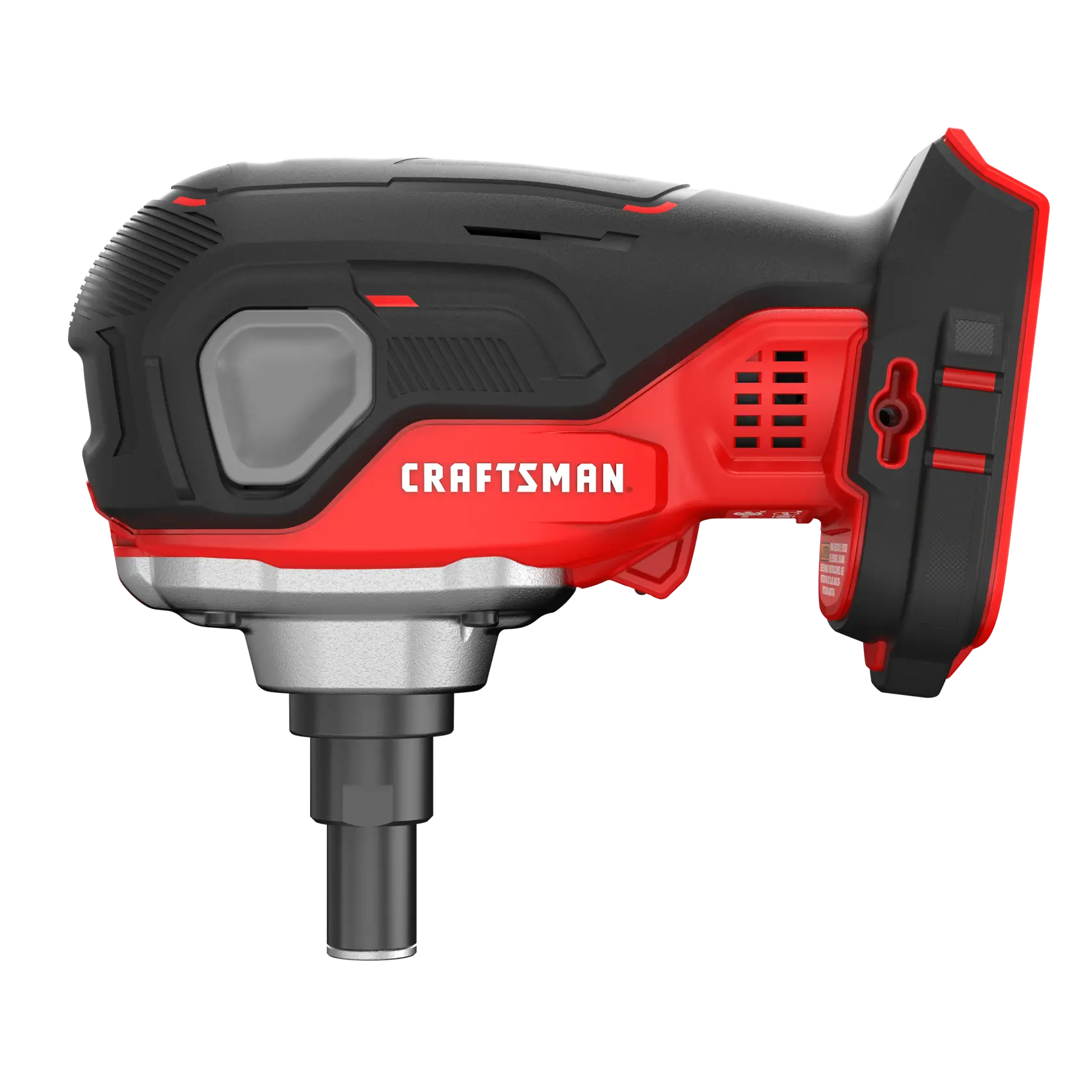 Close-up view of a Craftsman branded cordless power tool, specifically an impact wrench, with a red and black design and a metallic nozzle.