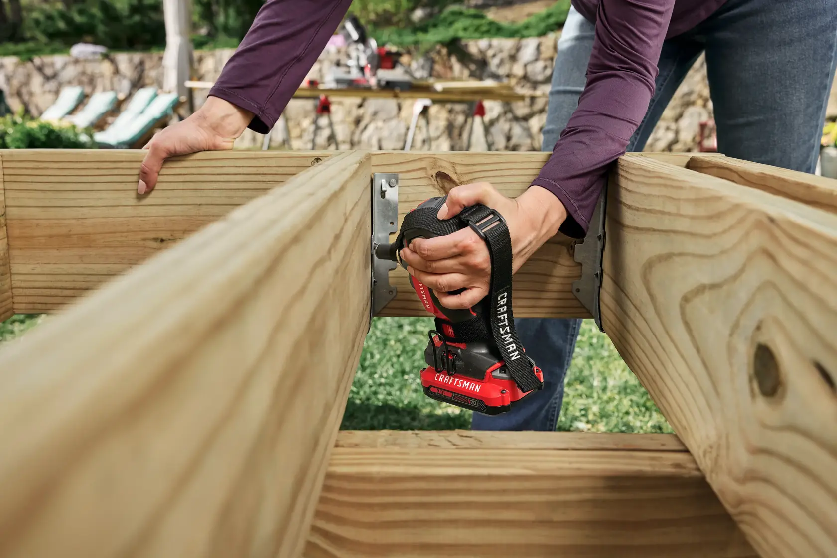 Battery and Charger Sold Separately
Installing joist hangar into deck with the CRAFTSMAN® V20* Palm Nailer
Additional Items Pictured Not Included