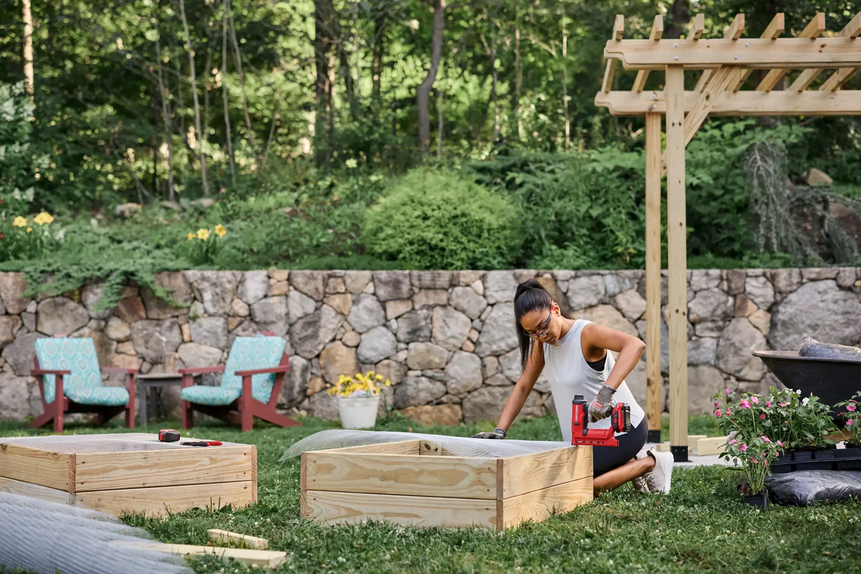 Additional Items Pictured Not Included. Wide angle garden bed build with CRAFTSMAN® V20* 3/8" T50 Crown Stapler 360