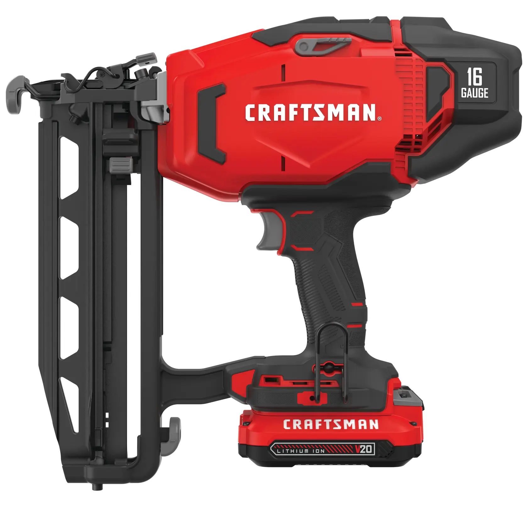 Right profile view of cordless 16 gauge finish nailer kit 1 battery.