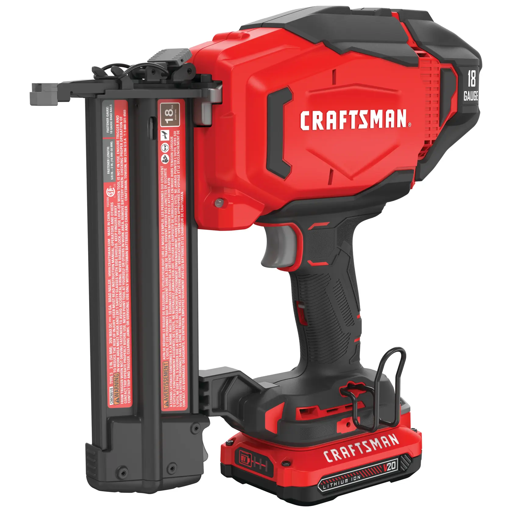 Photo of CRAFTSMAN 18-gauge cordless brad nailer, model CMCN618C1, in red and black, side angle on white background.