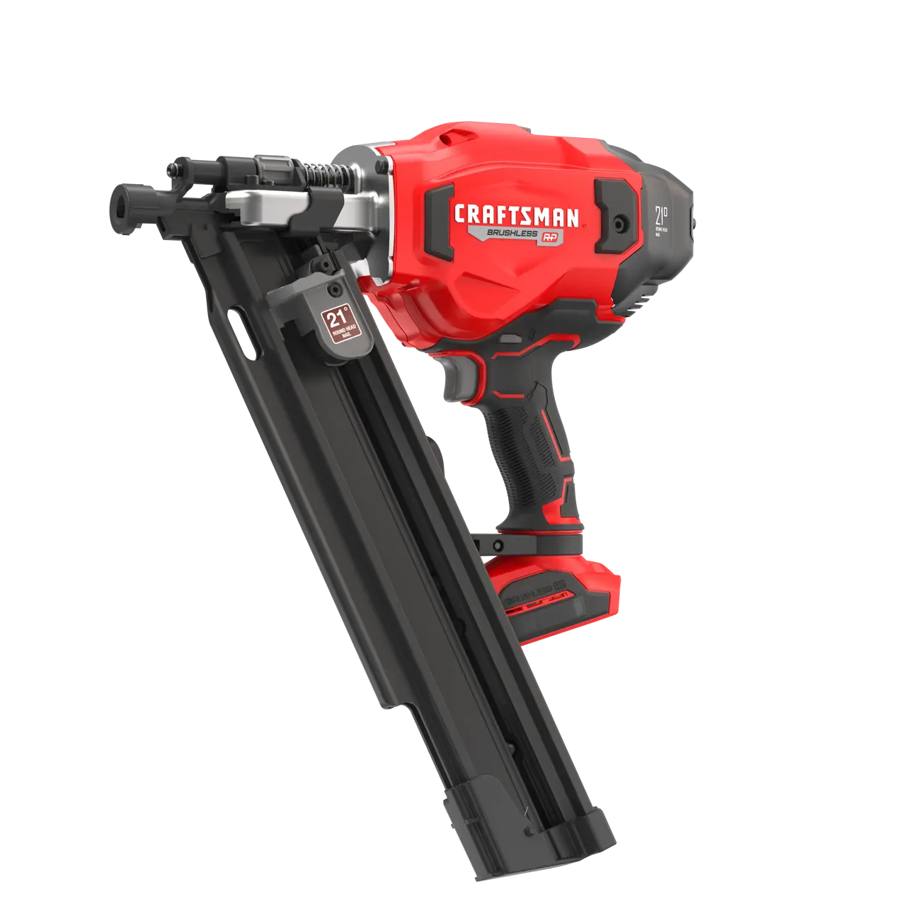 Left profile of 20 volt brushless cordless 21 degree plastic collated framing nailer.