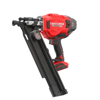 Left profile of 20 volt brushless cordless 21 degree plastic collated framing nailer.