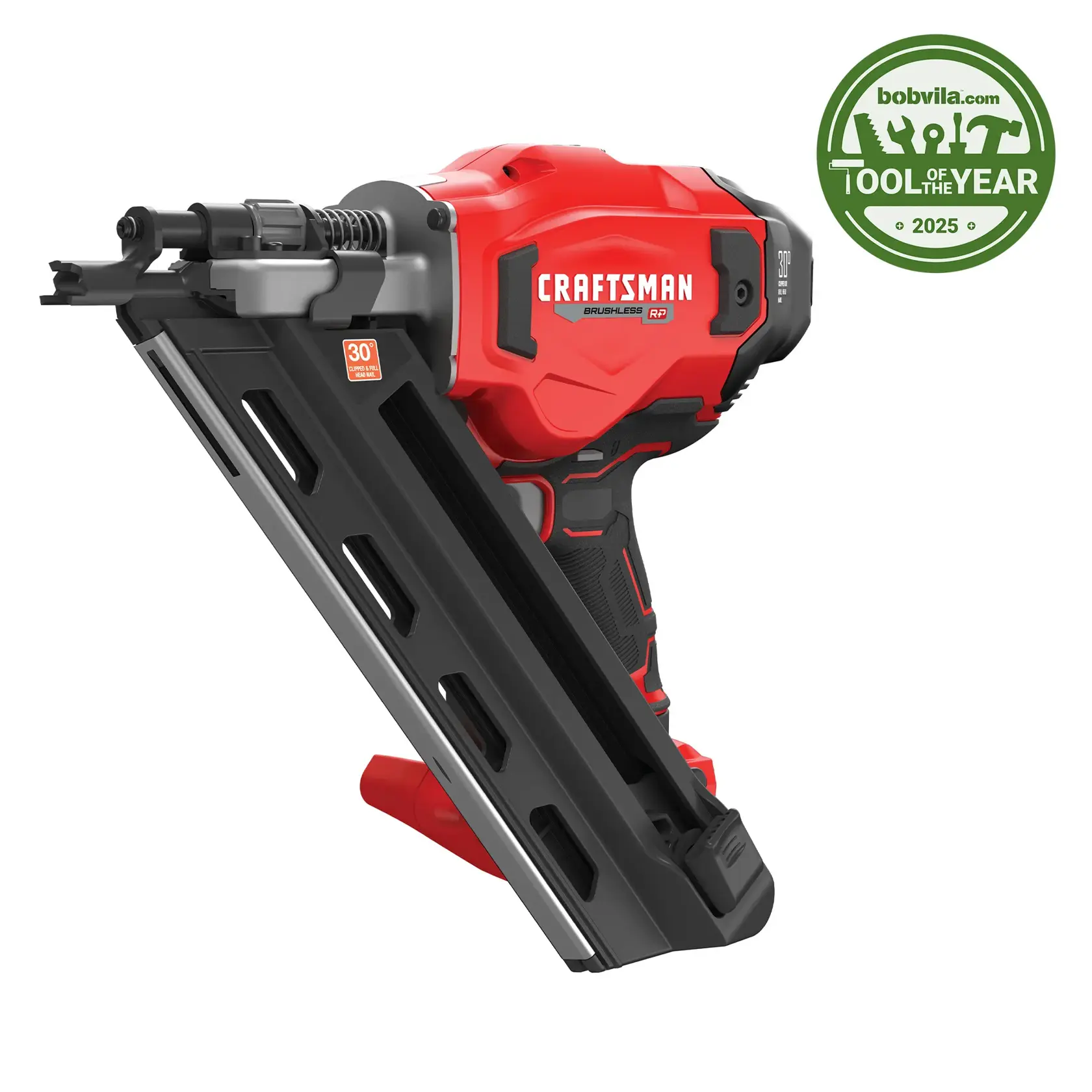 Photo of Craftsman cordless nailer CMCN630PTB, red and black, angled front view on white background.