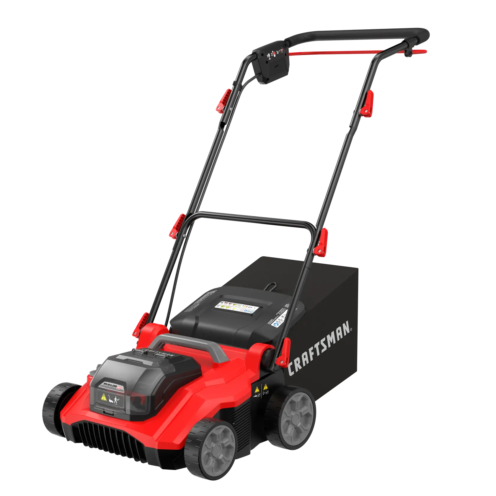 A red and black Craftsman lawn mower with a grass collection bag attached to the back. The mower has four wheels and an ergonomic handle for pushing.
