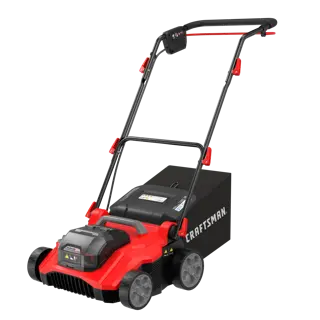 Photo of Craftsman CMCOE210P2 red and black electric lawn mower with rear grass bag, angled view.