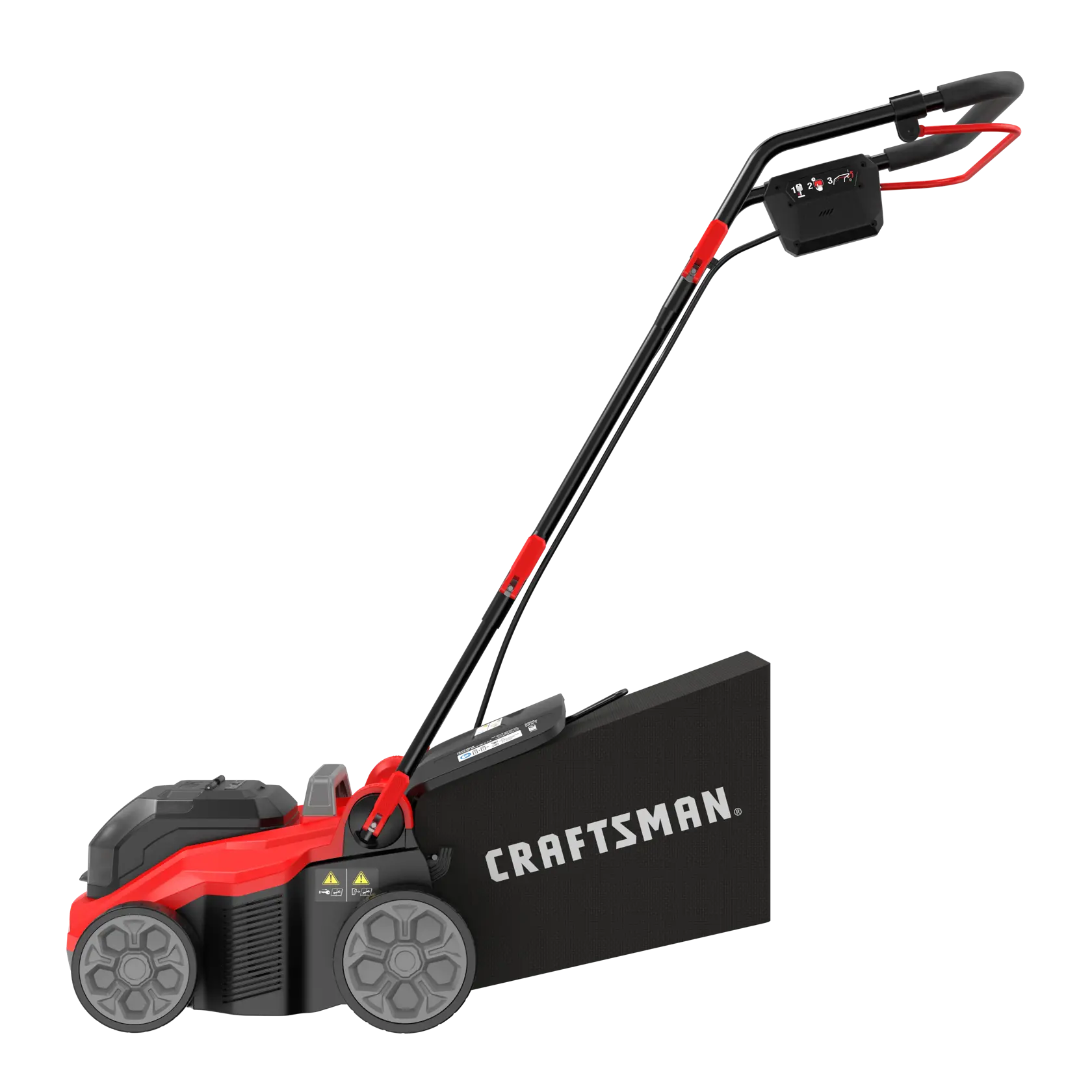 A red and black Craftsman lawn mower with a grass collection bag attached, viewed from the side.