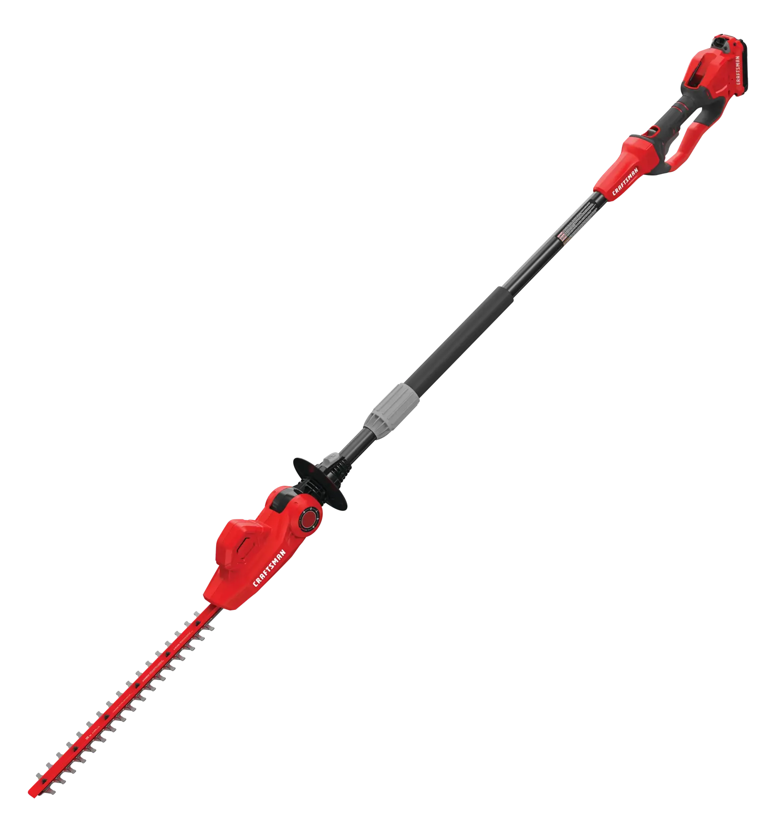 Left profile of 20 volt 18 inch cordless pole hedge trimmer kit.