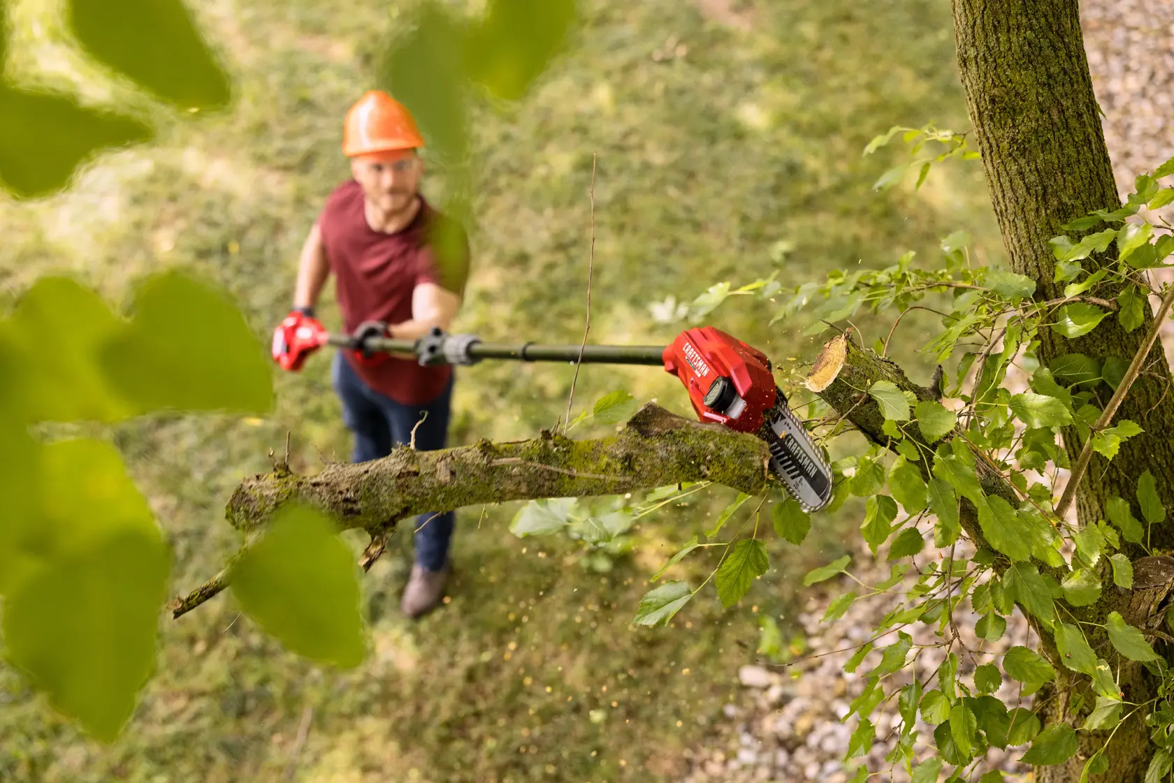 Man cutting branch with CRAFTSMAN V20 BRUSHLESS RP Pole Saw 
