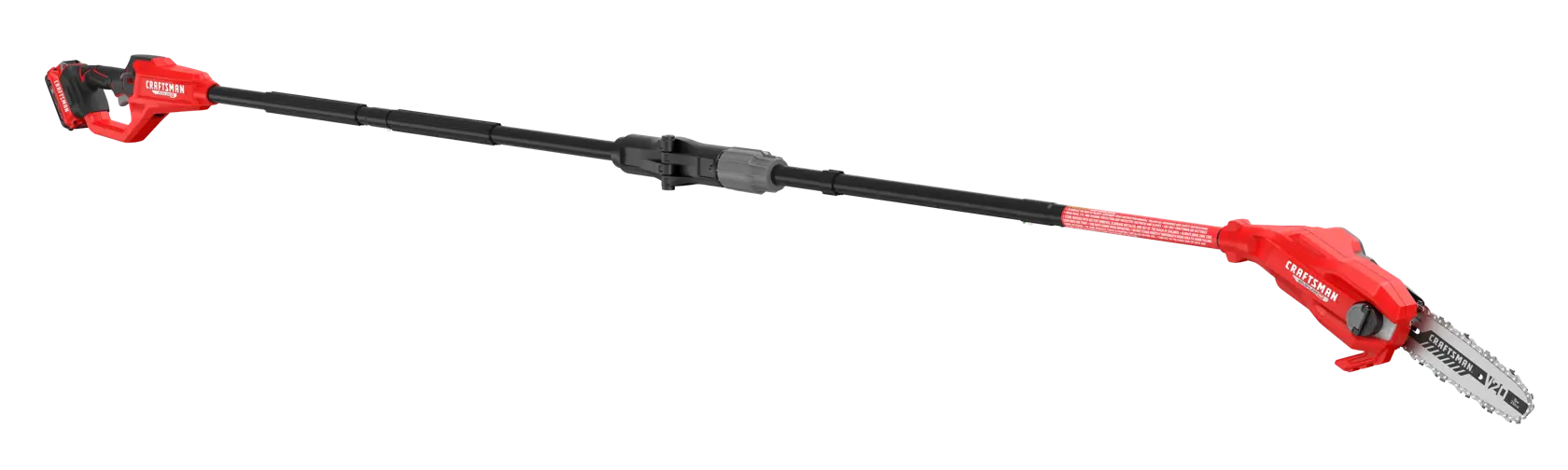 Photo of CRAFTSMAN CMCPS630D1 cordless pole saw with red and black body, side view on white background.
