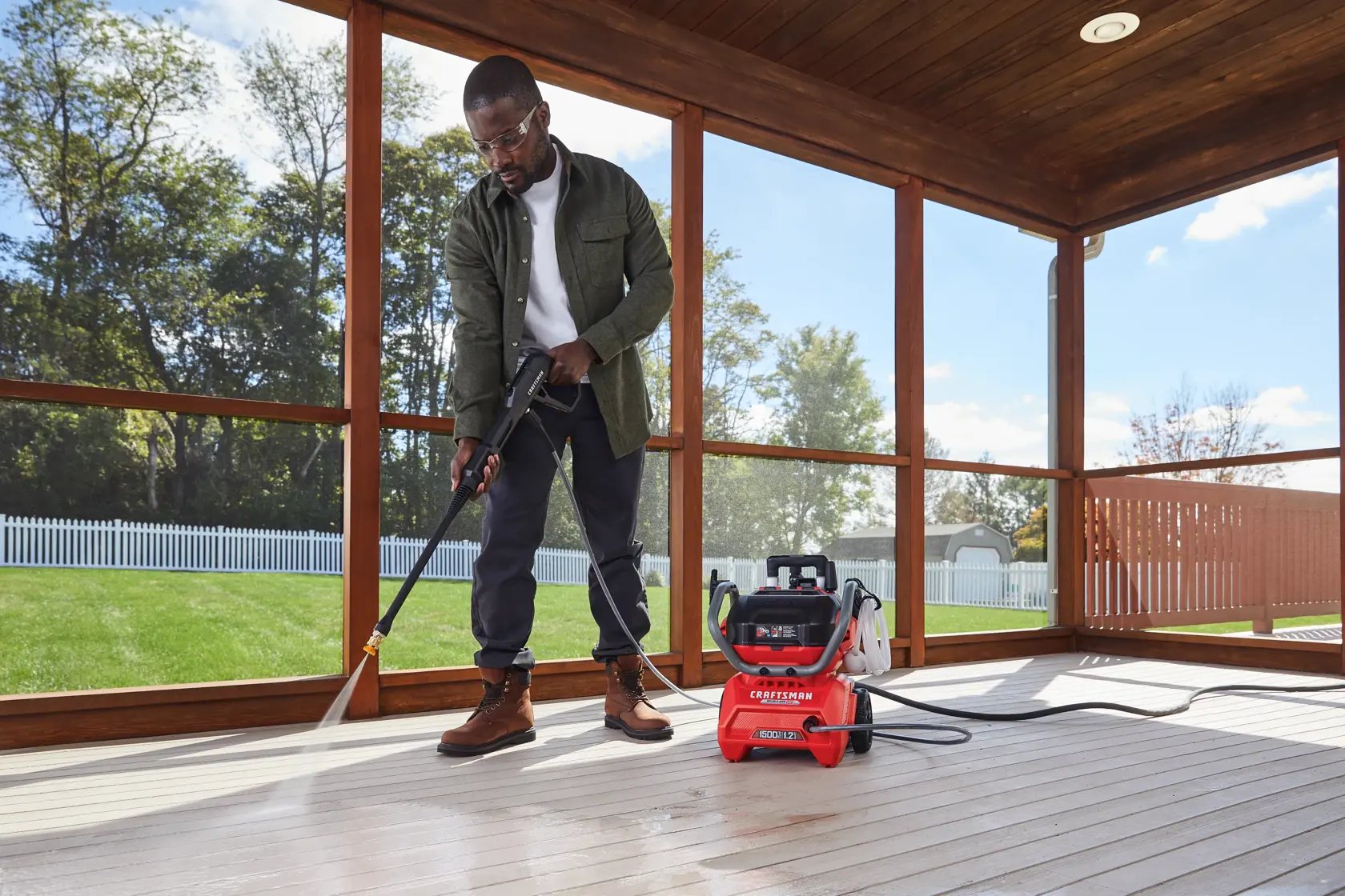 CRAFTSMAN 1500 PSI Pressure Washer pressure washing enclosed deck with yard in background