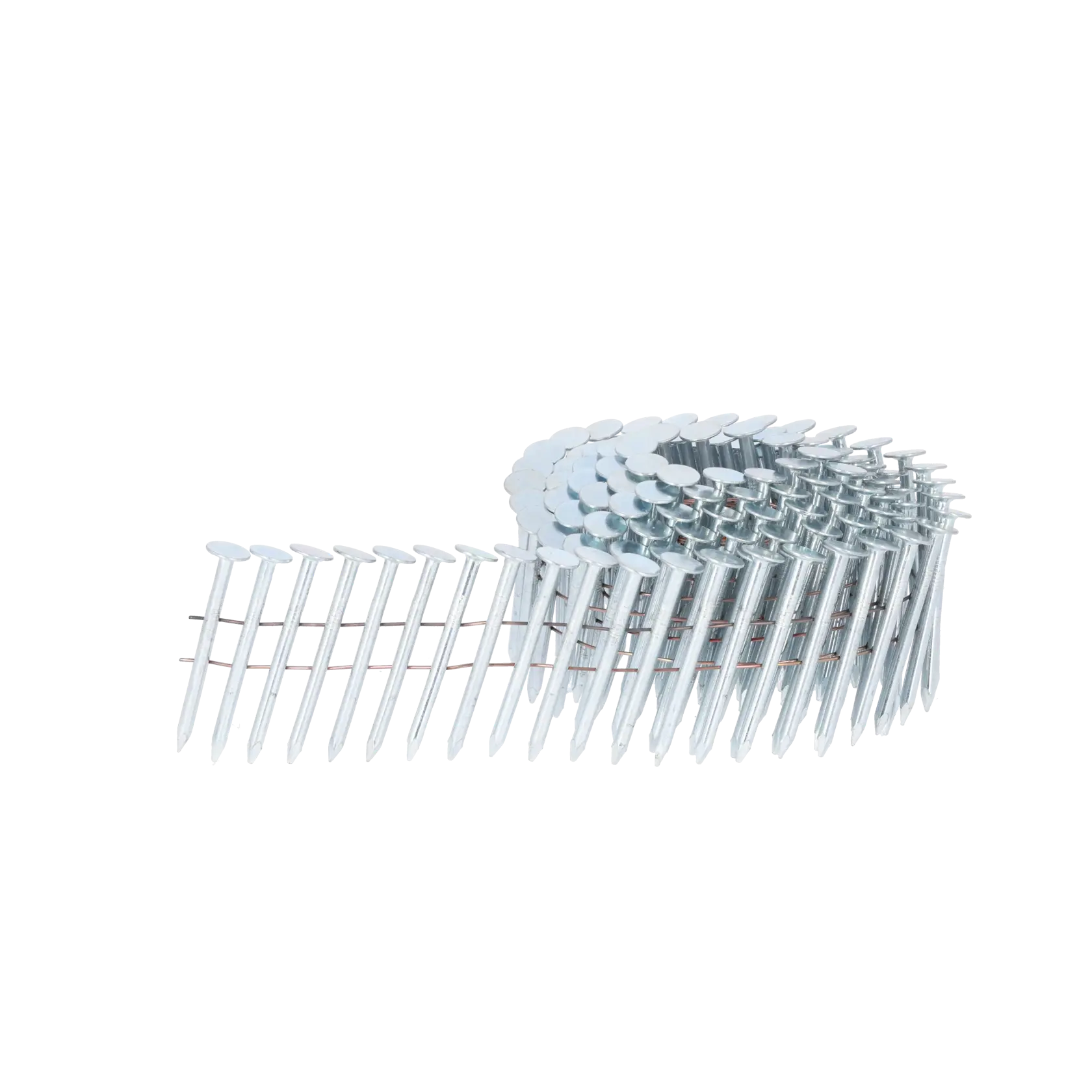 Coiled strip of metal nails for use in a nail gun, shown isolated on a white background.