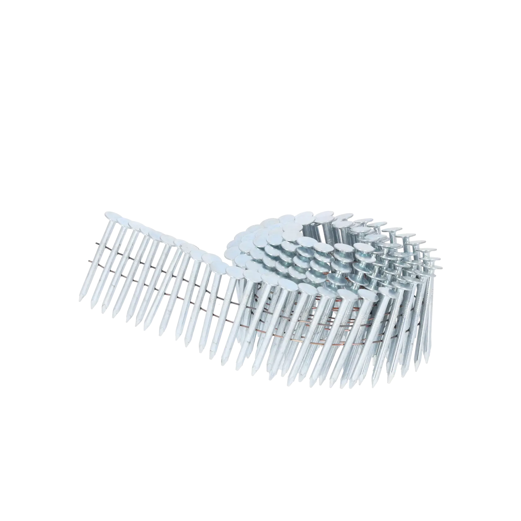 Rolled coil of galvanized nails for a nail gun, displayed on a white background.