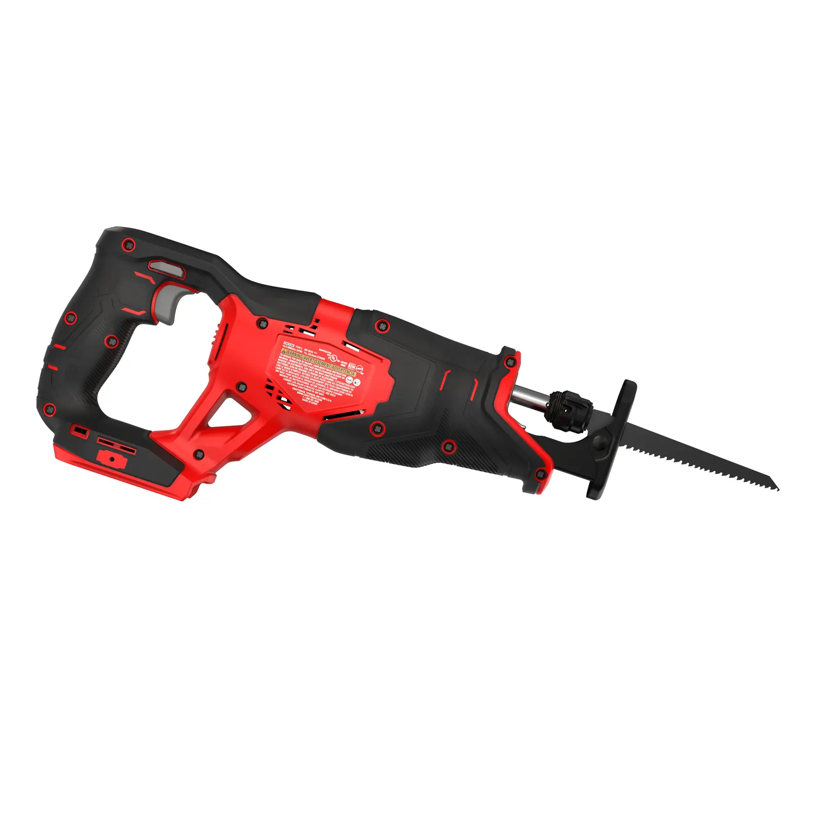 Close up of 20 volt cordless reciprocating saw.