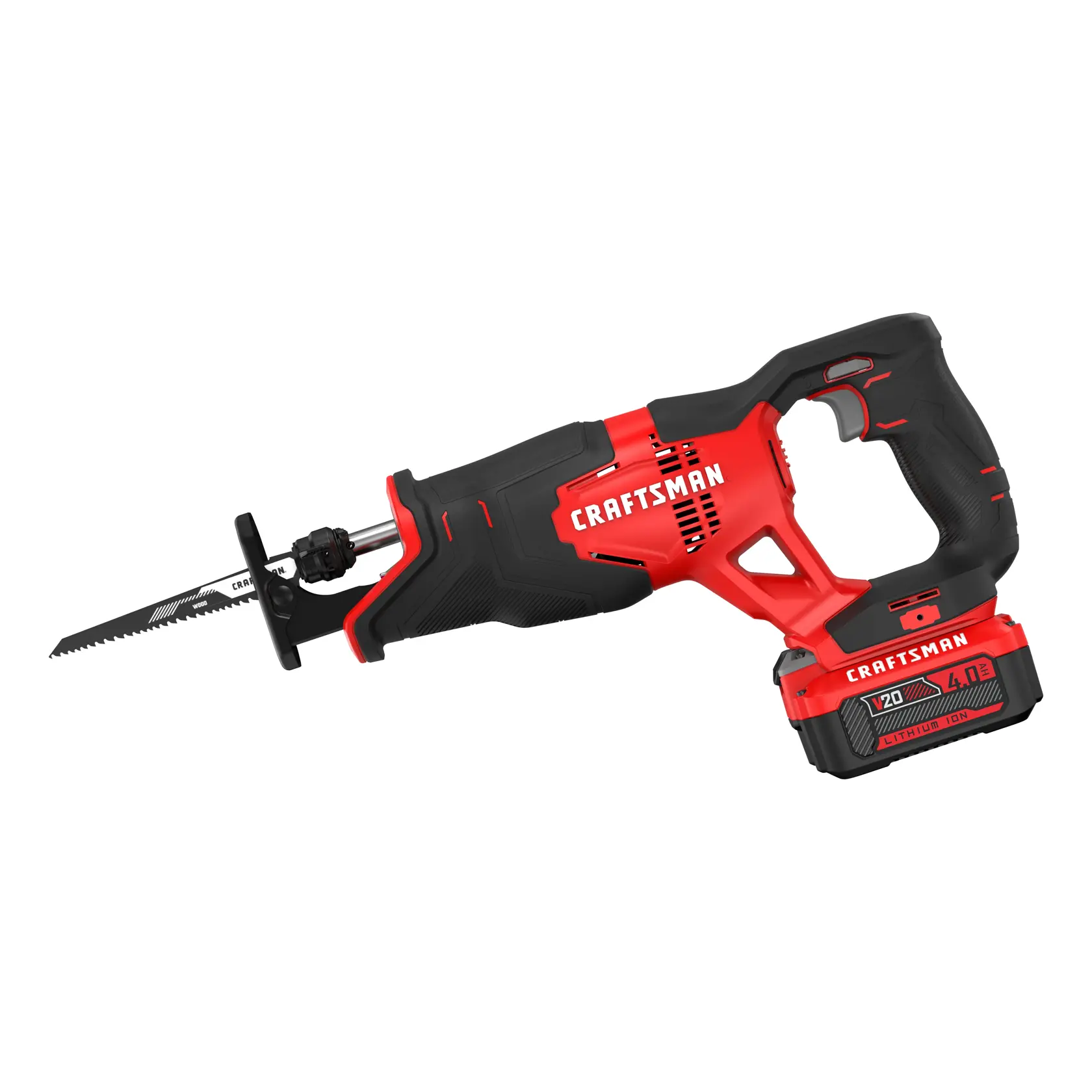 Photo of Craftsman reciprocating saw, SKU CMCS300M1, cordless, red and black, side angle on white background.