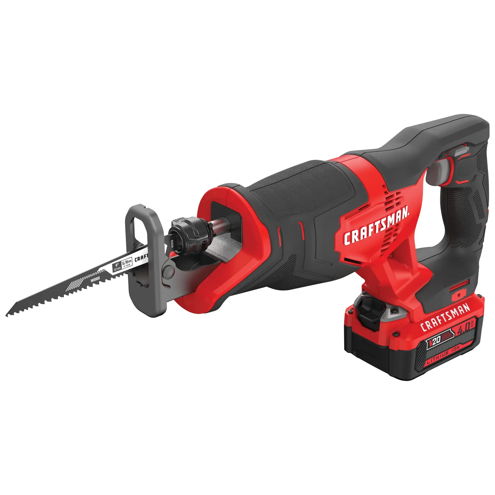 Left profile of 20 volt cordless reciprocating saw kit.